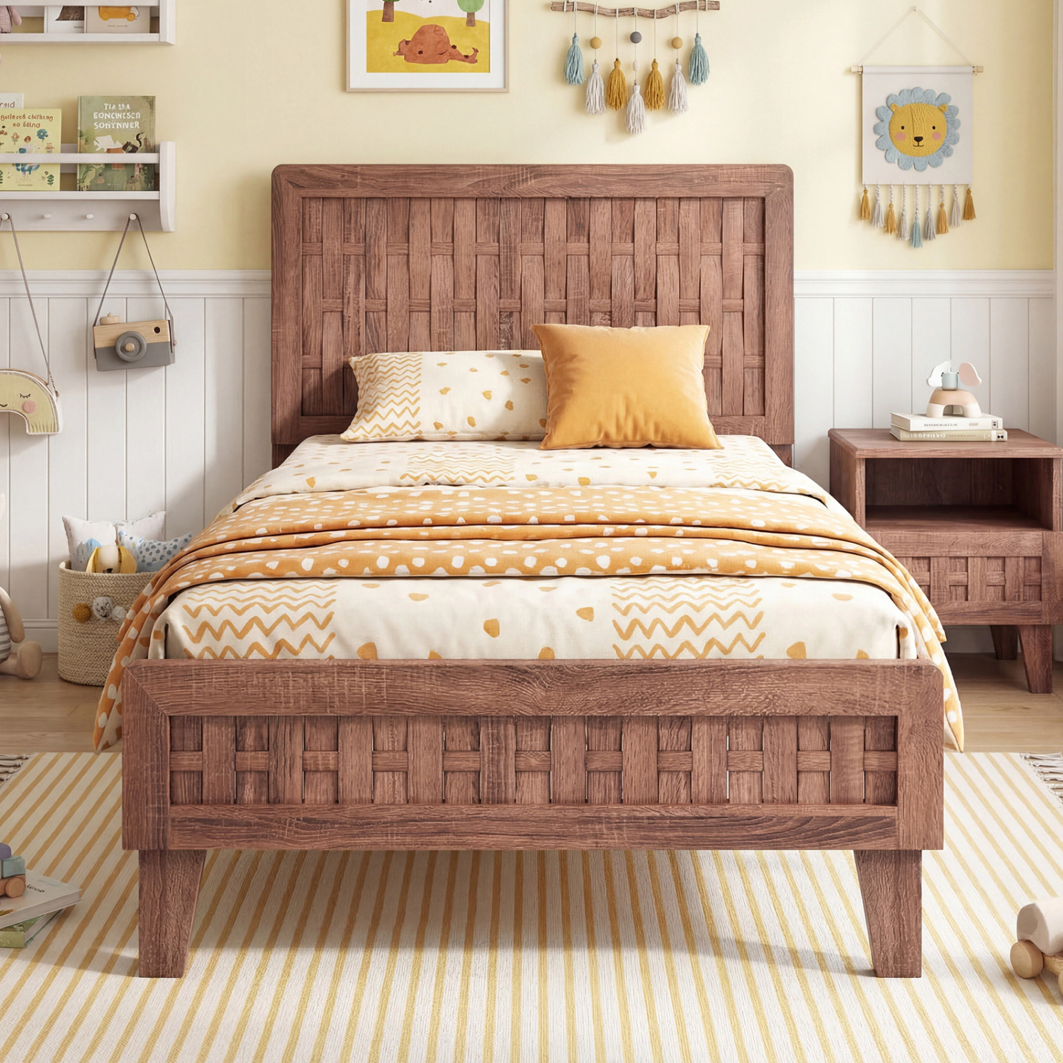 LJG Bed Frame Mid Century with Woven Accent Headboard