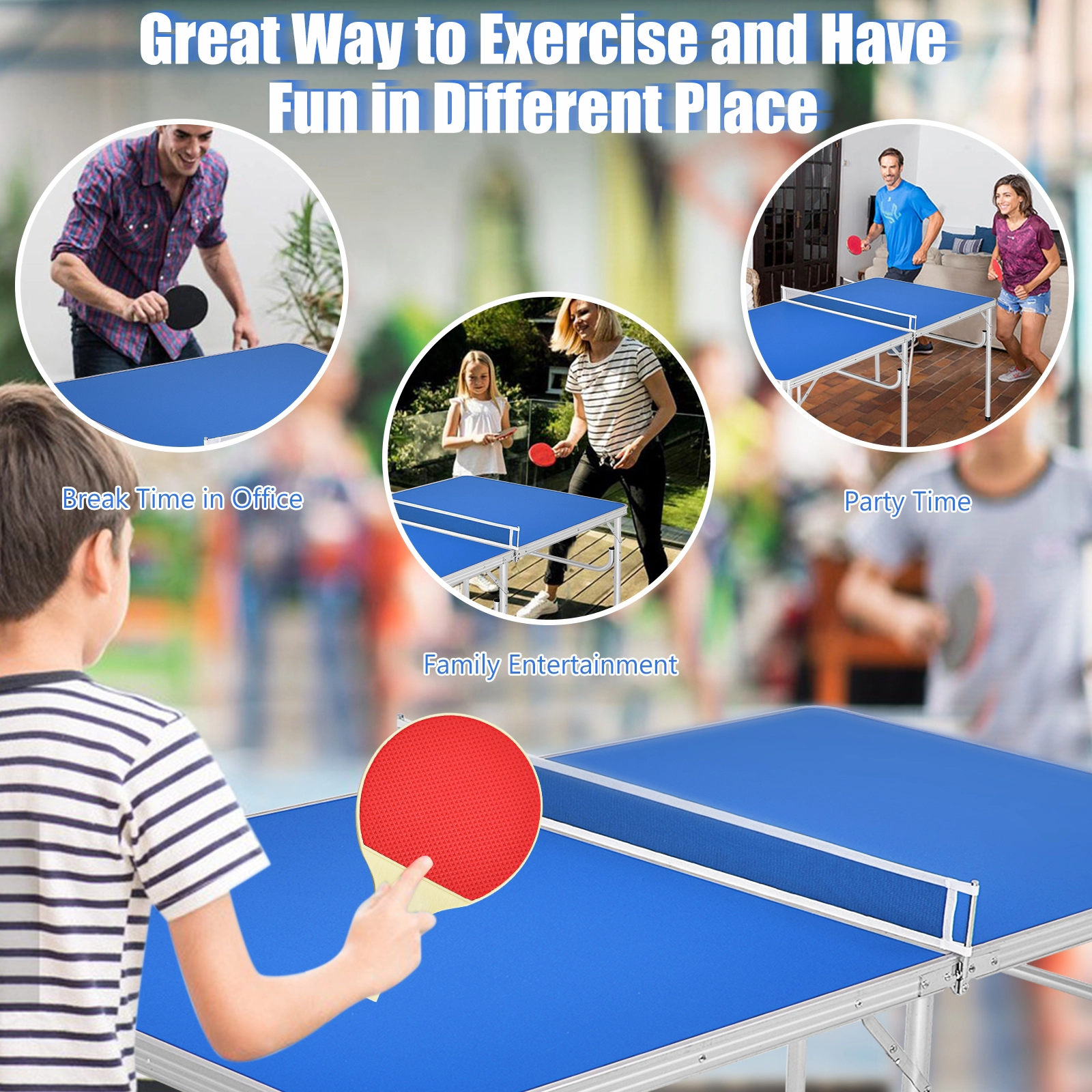 SUGIFT Blue Portable Folding Ping Pong Table with 2 Paddles Net and Built-In Handles 60-in W 30-in D 30-in H