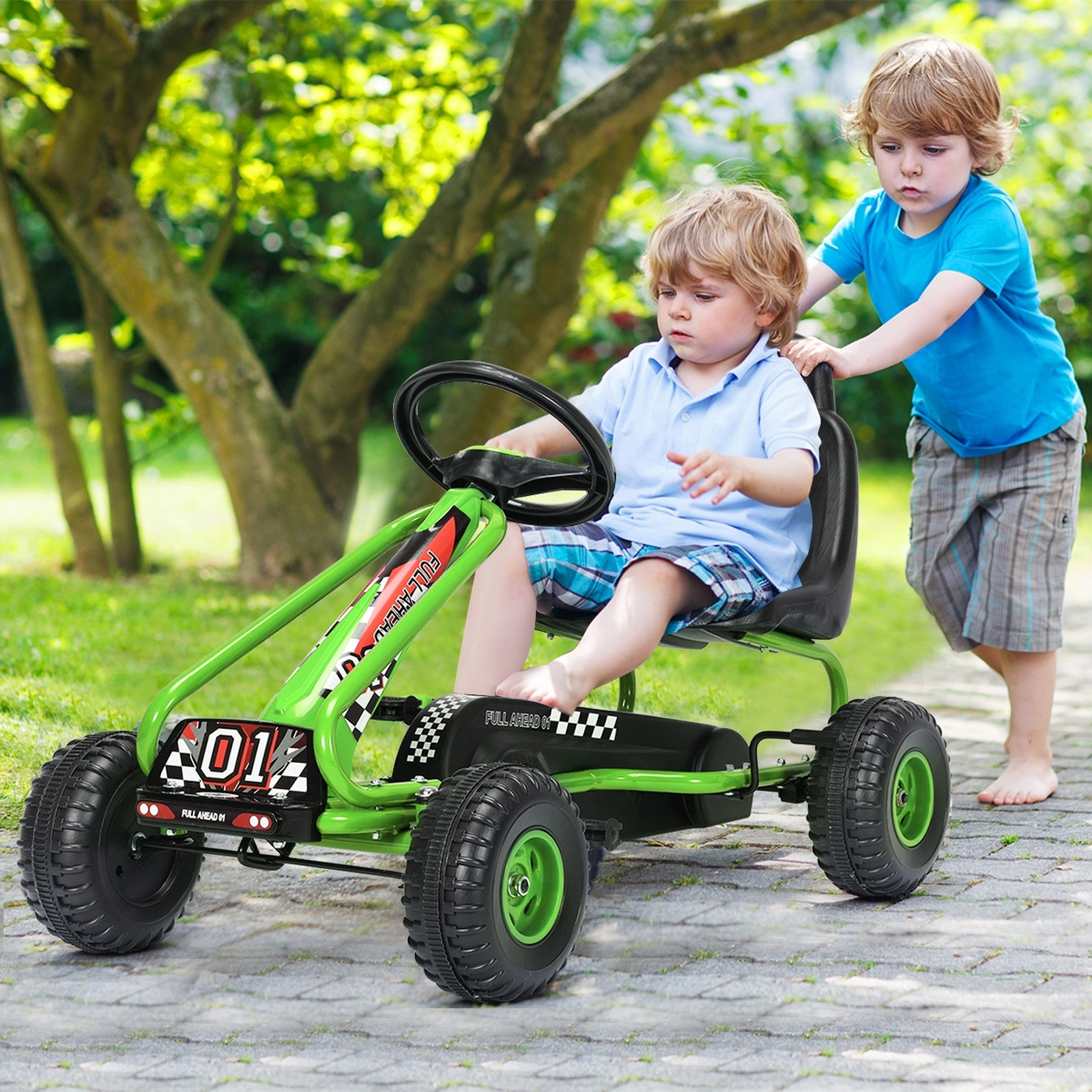 SUGIFT 4-Wheel Pedal Powered Ride-On Go Kart with Adjustable 2-Position Seat 66-lb Capacity Ages 3-6 36-in Frame Green