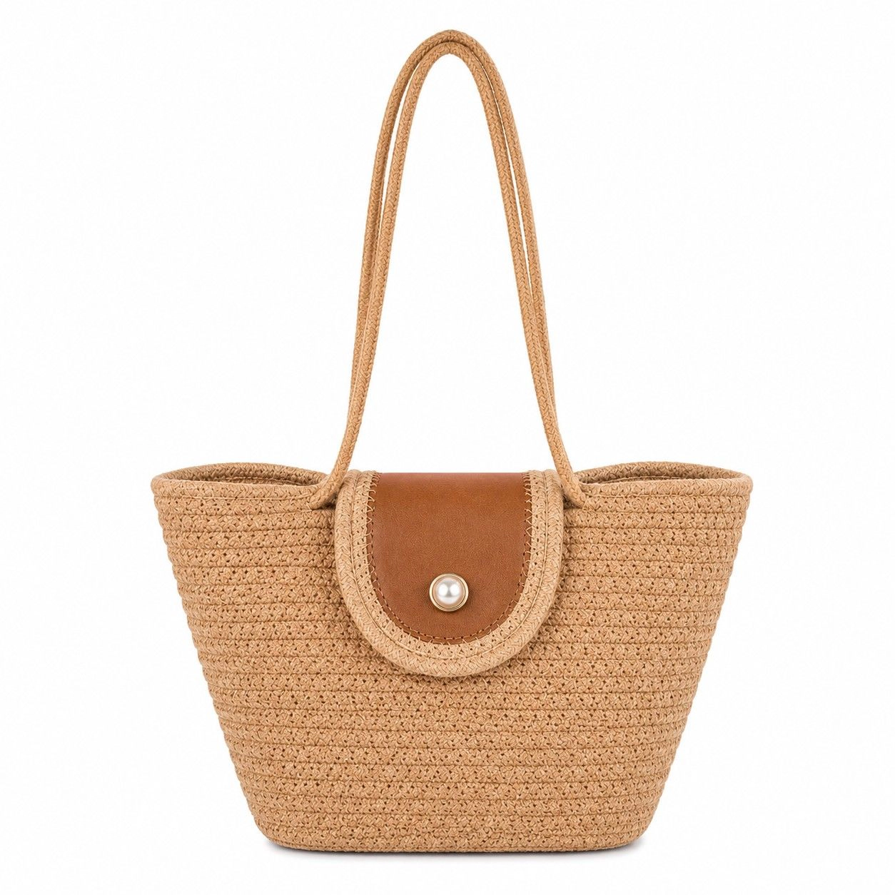 Alilang Women's Woven Rope Tote Bag with Flap Cover Pearl Button Large Capacity Shoulder Carryall, Beige