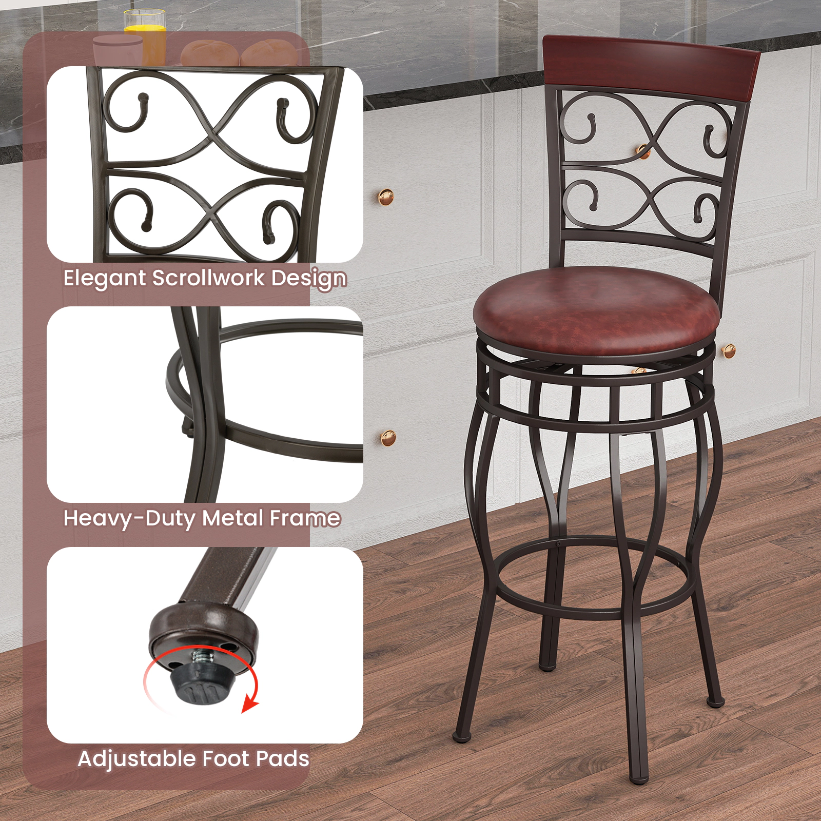 SUGIFT 2-Piece 30-in 360-Degree Swivel Bar Stools with Leather Padded Seat 300-lb Capacity Brown