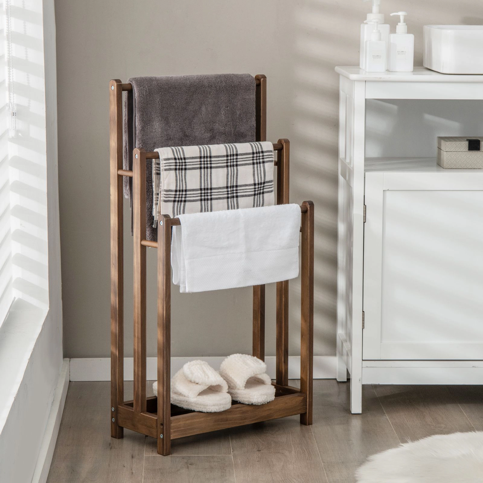 SlickBlue Freestanding Towel Rack, 3-Bar Fir Wood Drying Stand