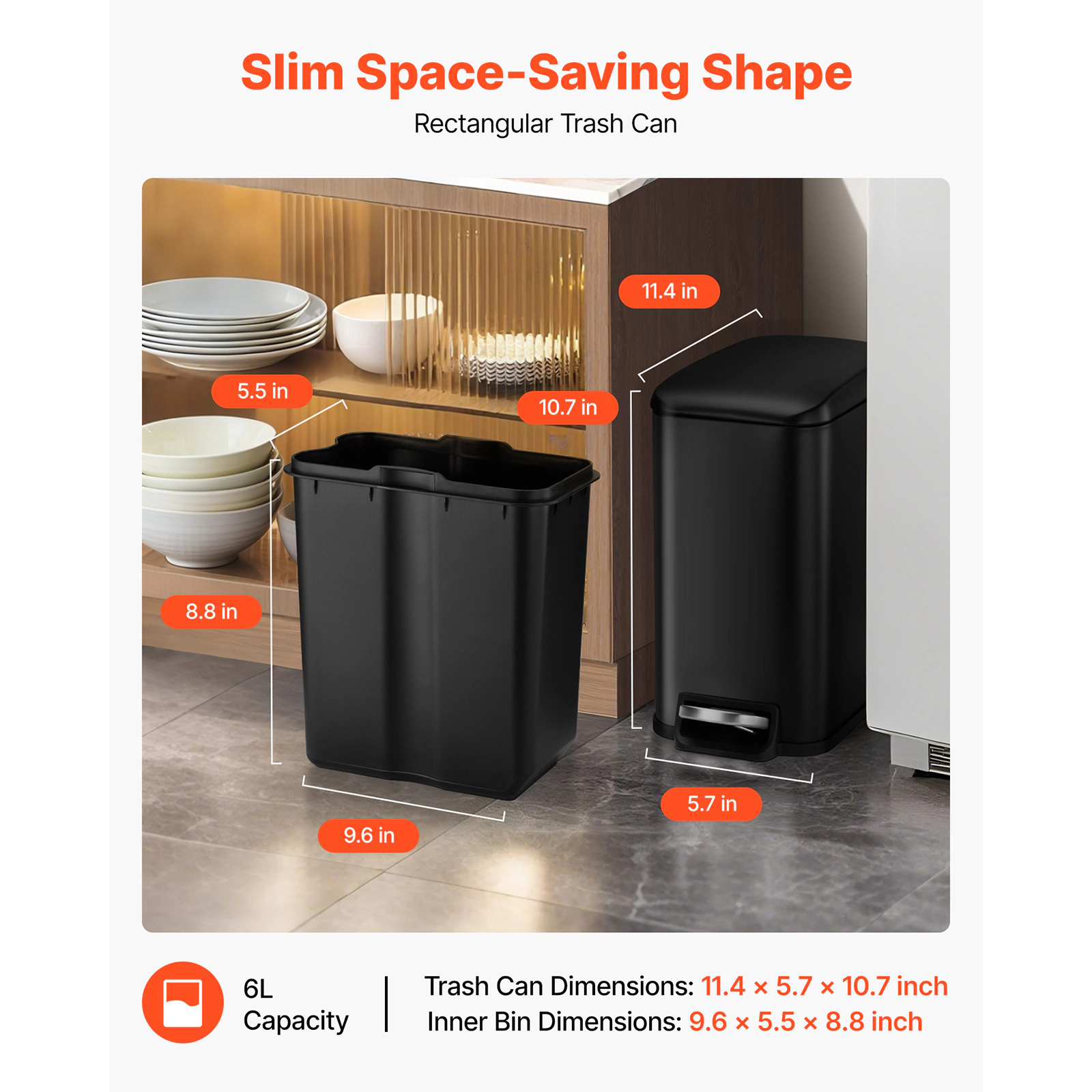HONGGE Slim Bathroom Trash Can with Step Pedal & Soft-Close Lid, 6L Steel Bin with Detachable Liner, Black