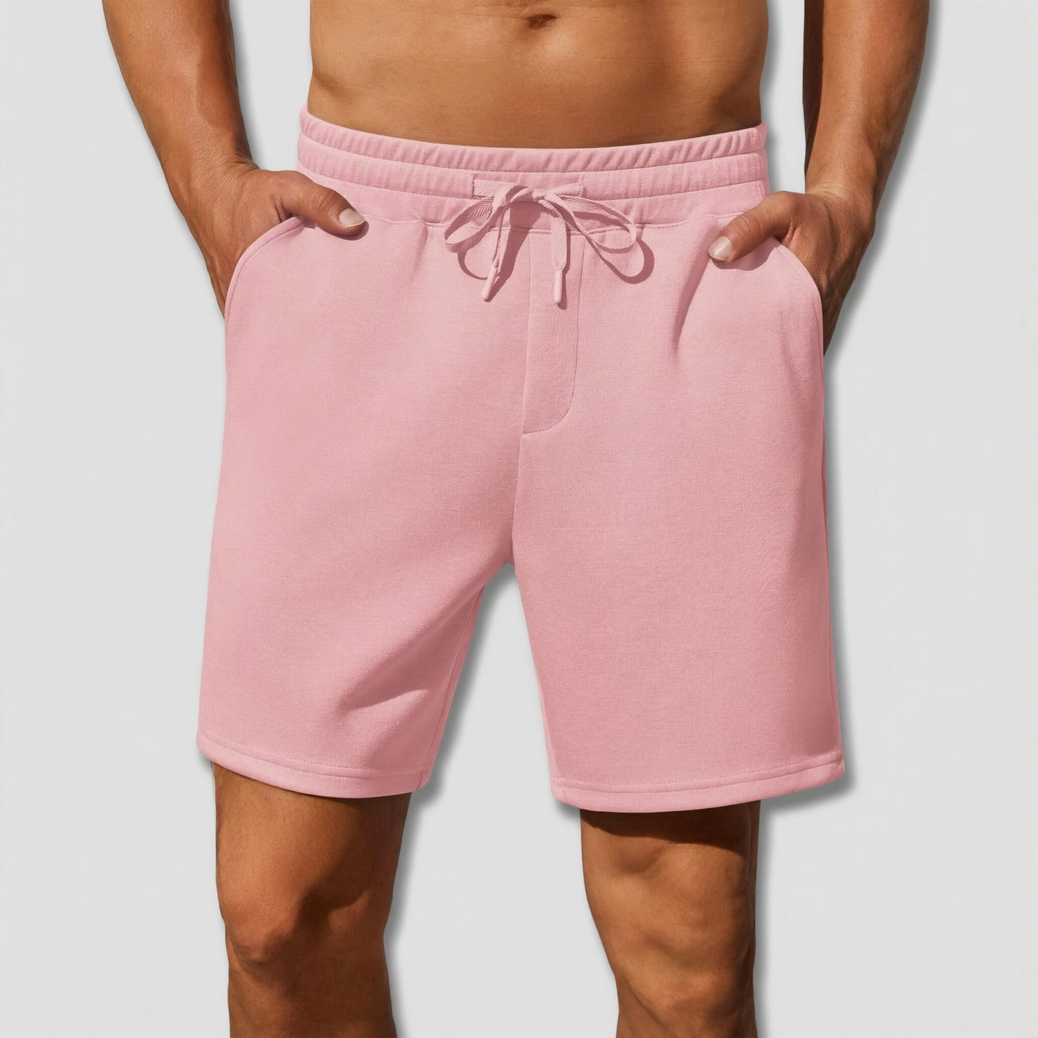 Pinspark Mens Solid Pink Jogger Shorts Elastic Waist Drawstring Soft Lounge