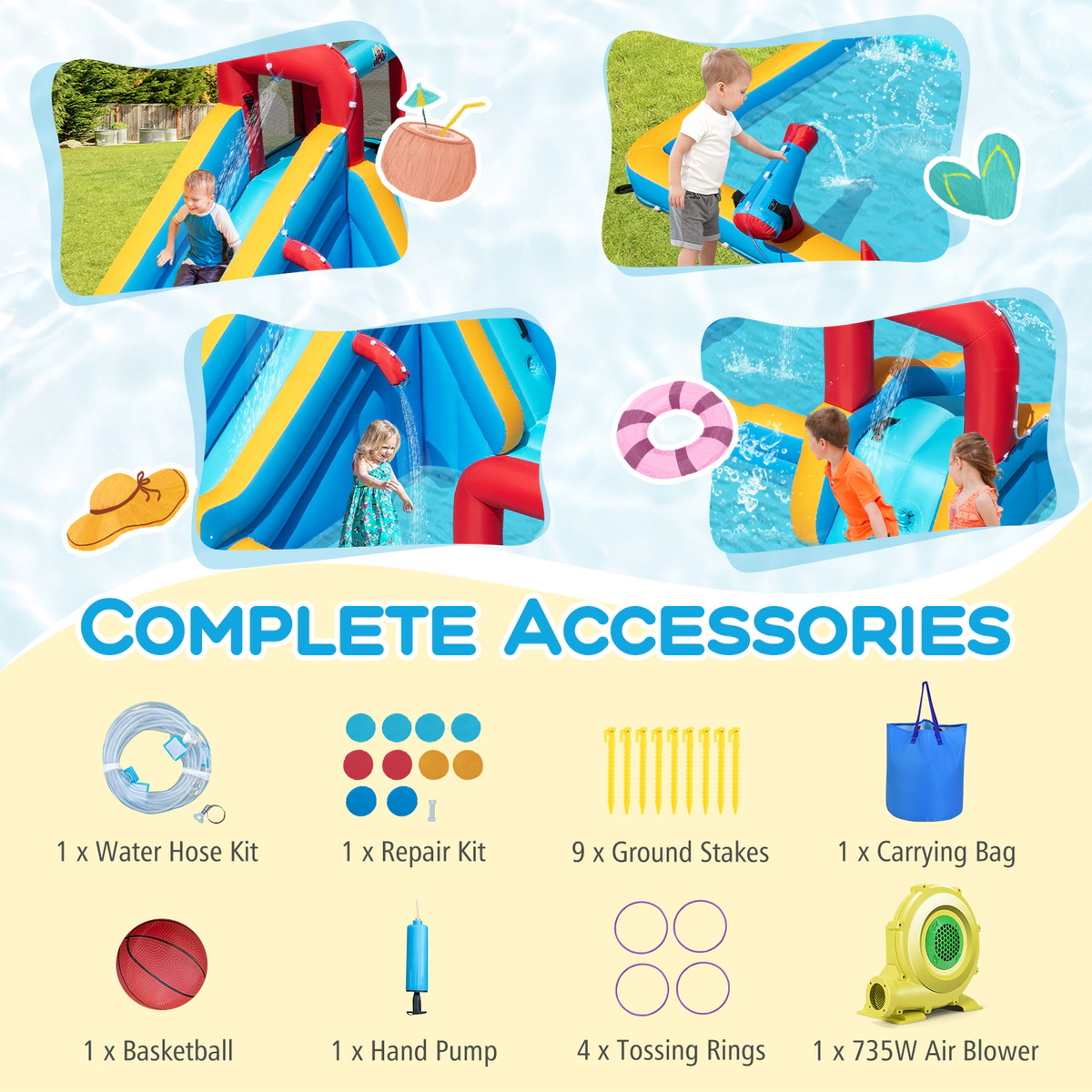 SUGIFT 9-in-1 Inflatable Double Water Slide Bounce House with Sprinkler Ramp Boxing Post and 735W Blower