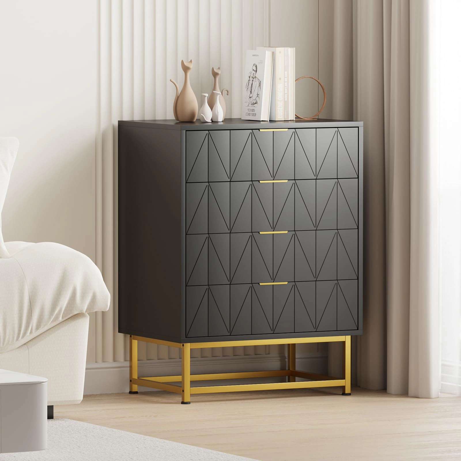 Modern 4 Drawer Wood Dresser with Metal Legs, Wide Storage Chest Organizer for Bedroom Living Room