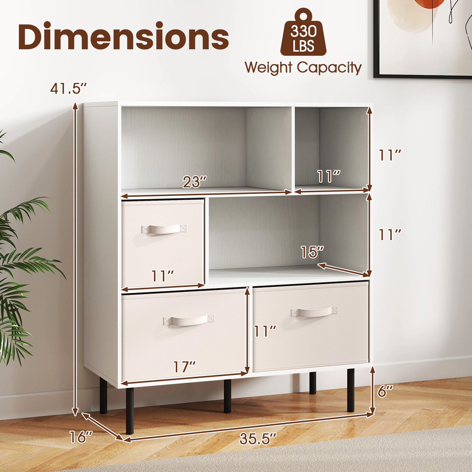 SUGIFT 6-Cube White Cube Storage Organizer Bookshelf with 3 Removable Folding Fabric Drawers and Metal Legs