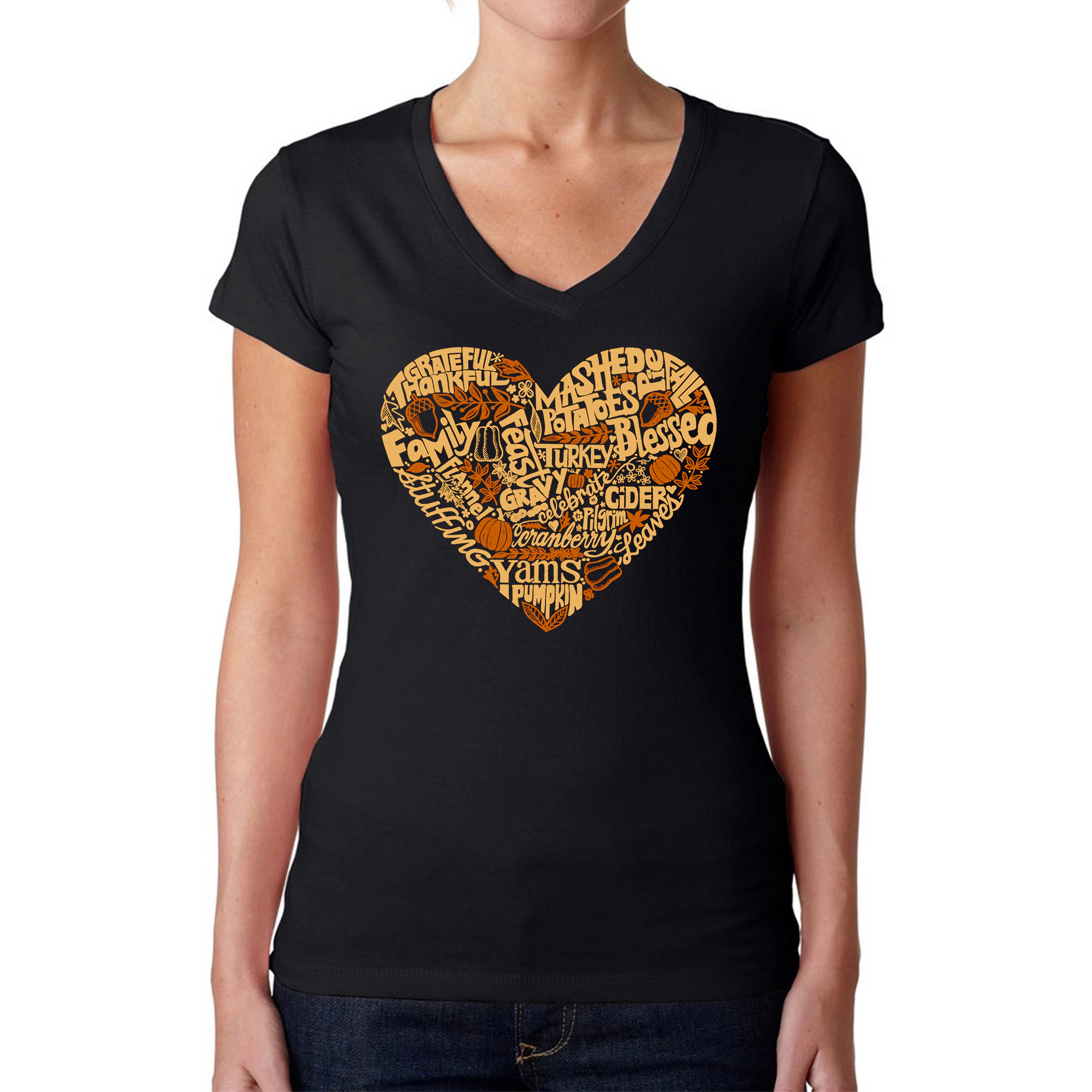 LA Pop Art Womens Word V-Neck T-Shirt - Thanksgiving Heart