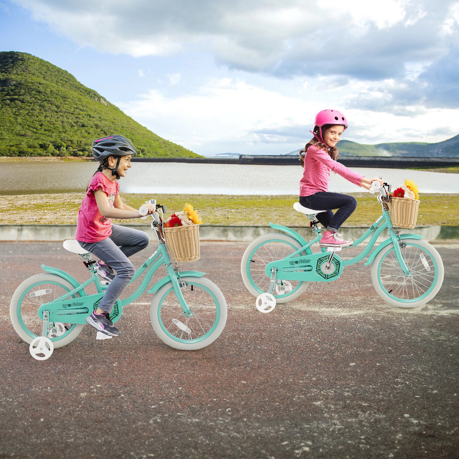 18-in Kids Bike Training Wheels Front Basket Adjustable Saddle Reaching 29-in Multi-Layer Rubber Tires Ages 4-8 Green
