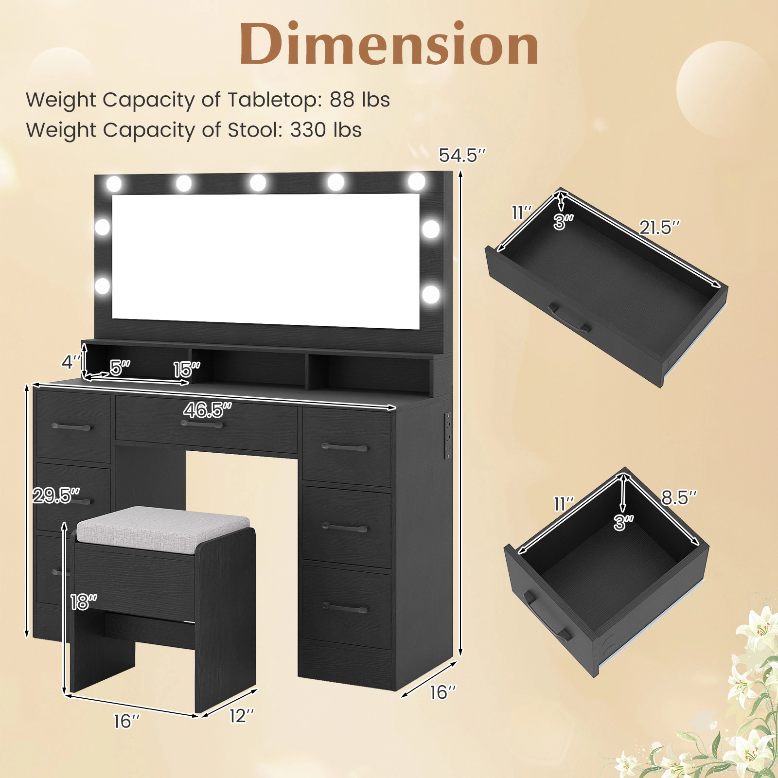 SUGIFT 46.5-in Vanity Desk Set with Lighted Mirror, 7 Drawers and Storage Stool