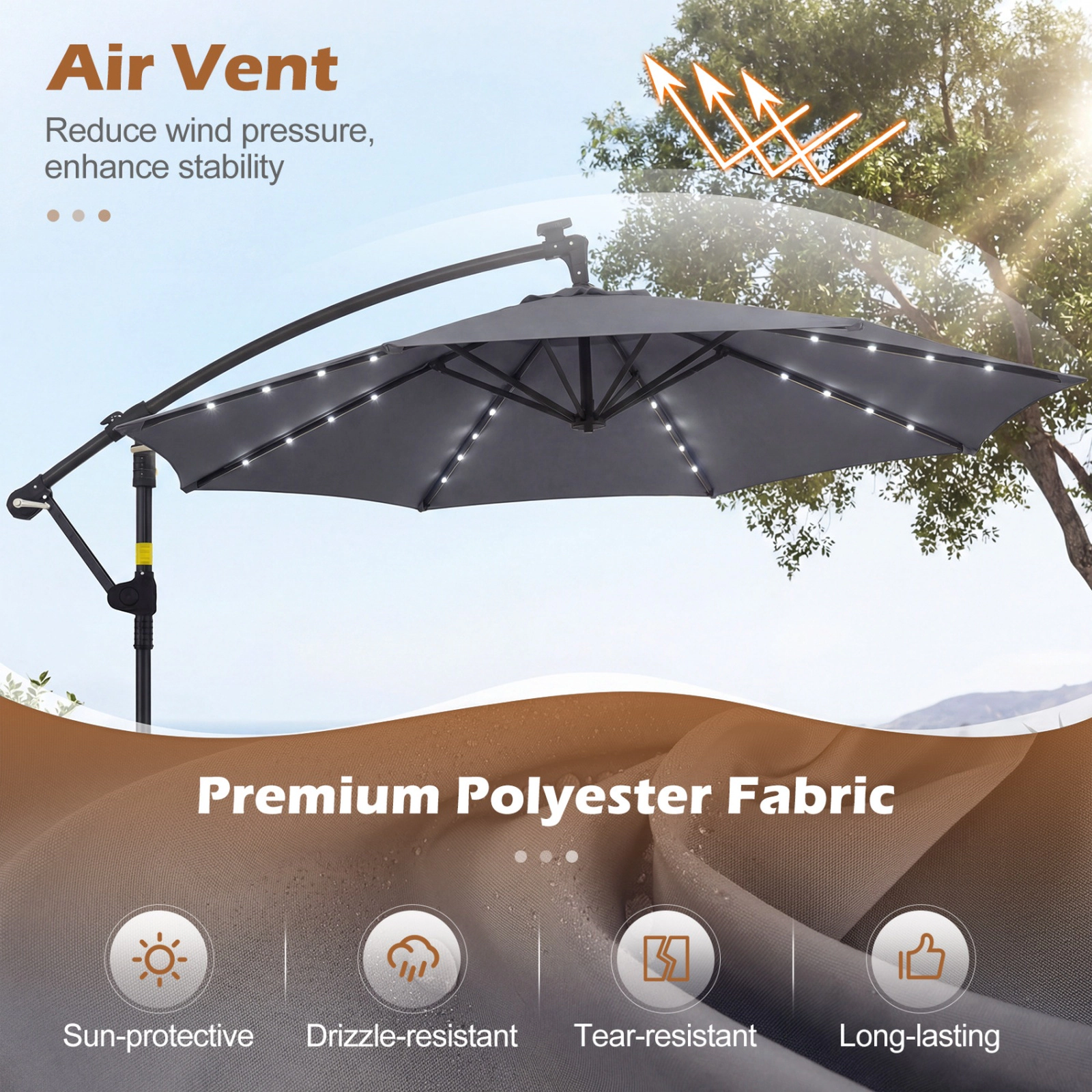 SUGIFT 10-ft Brown Solar LED Offset Cantilever Patio Umbrella with Weighted Cross Base 116-lb Capacity