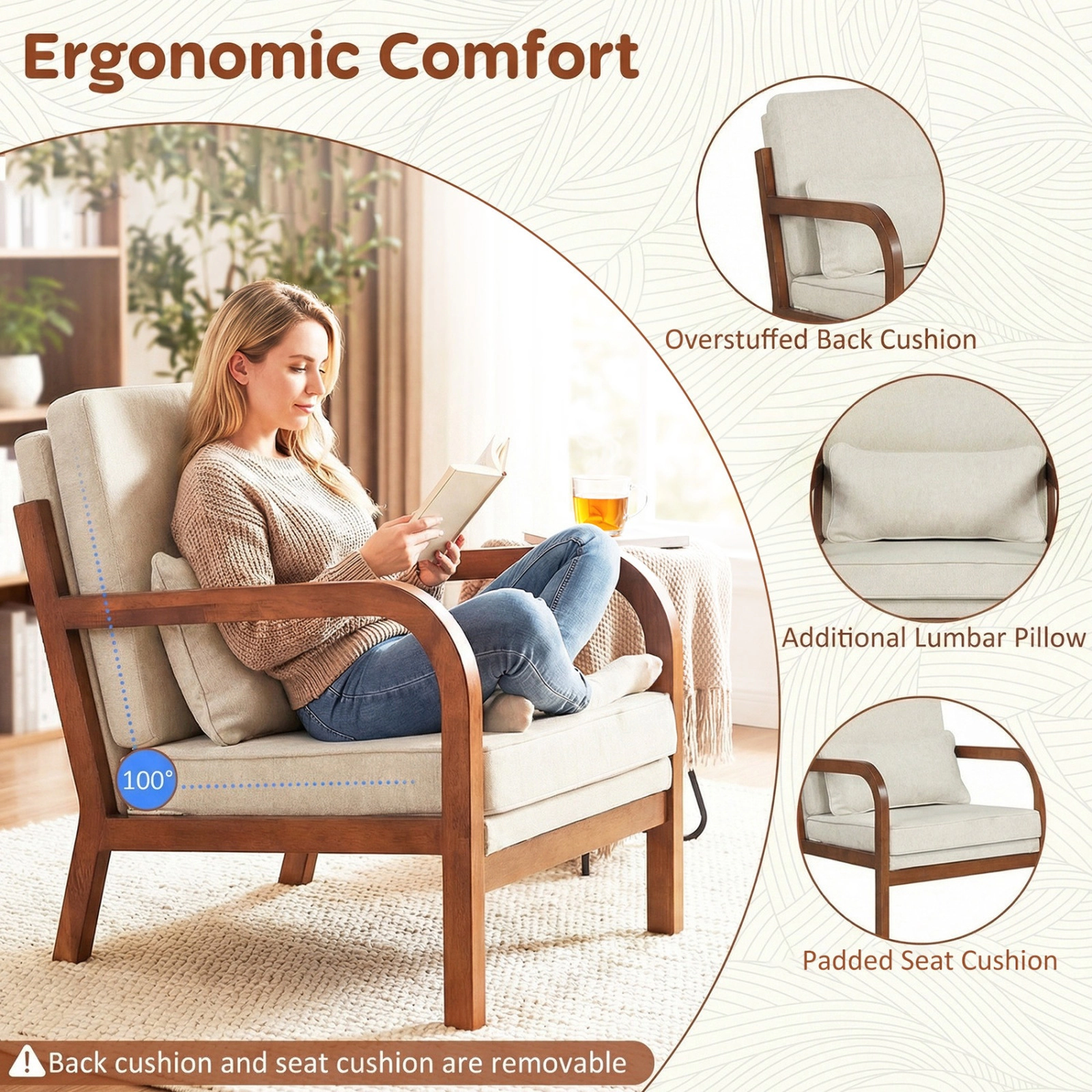 SUGIFT Modern Rubber Wood Accent Armchair Faux Leather Linen Upholstery 400-Lb Capacity 33-in Frame Brown Beige 1-Piece