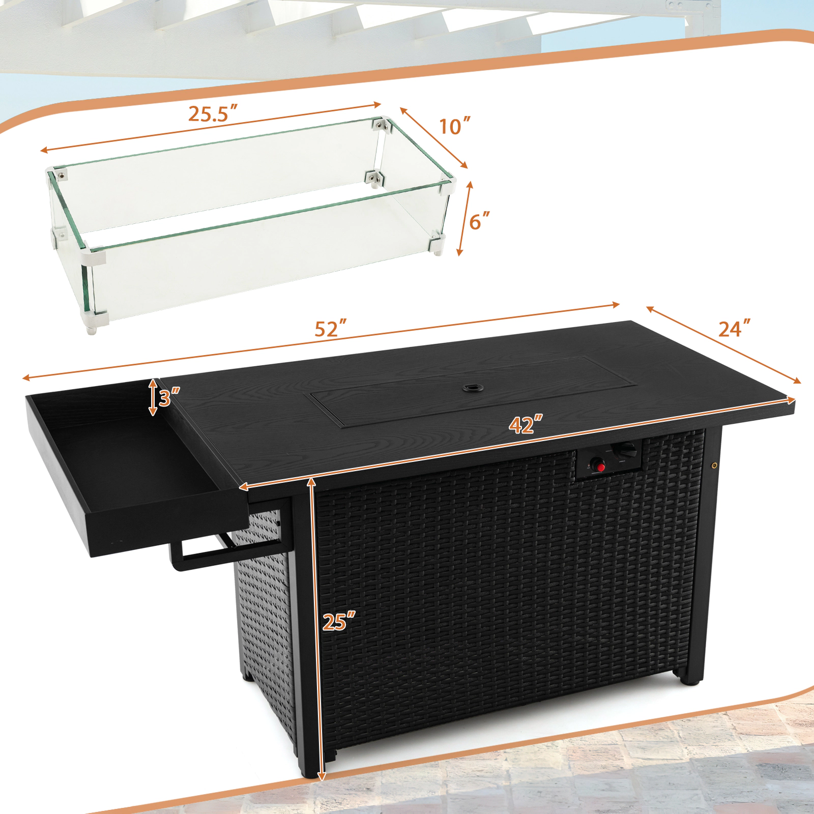 SUGIFT 52-in Rectangle 50000-BTU Propane Gas Fire Pit Table with Wicker Frame Wind Guard and Cover