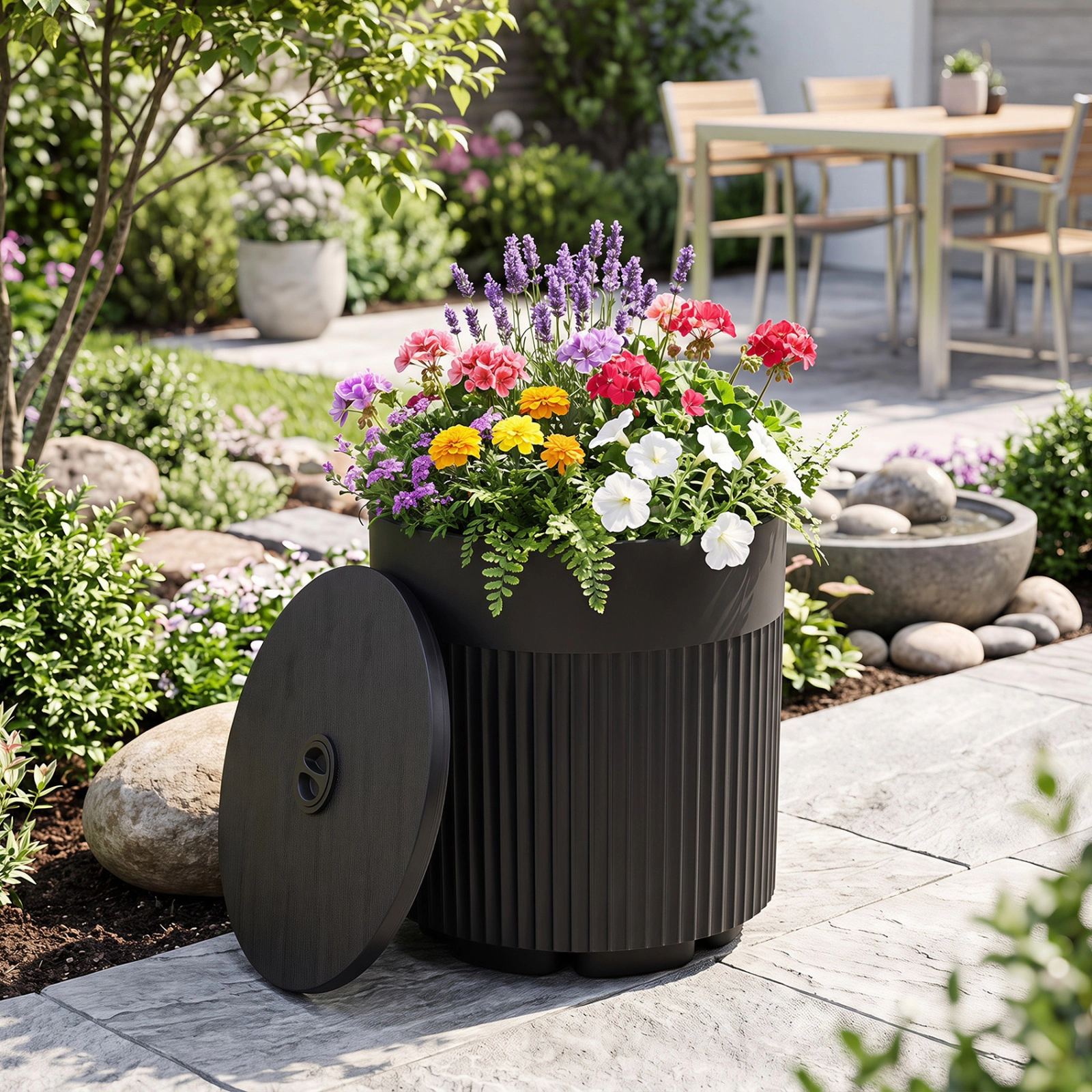 SUGIFT Black Water Bag Side Table and 2-in Pole Hole 3-in-1 Outdoor HDPE Umbrella Base