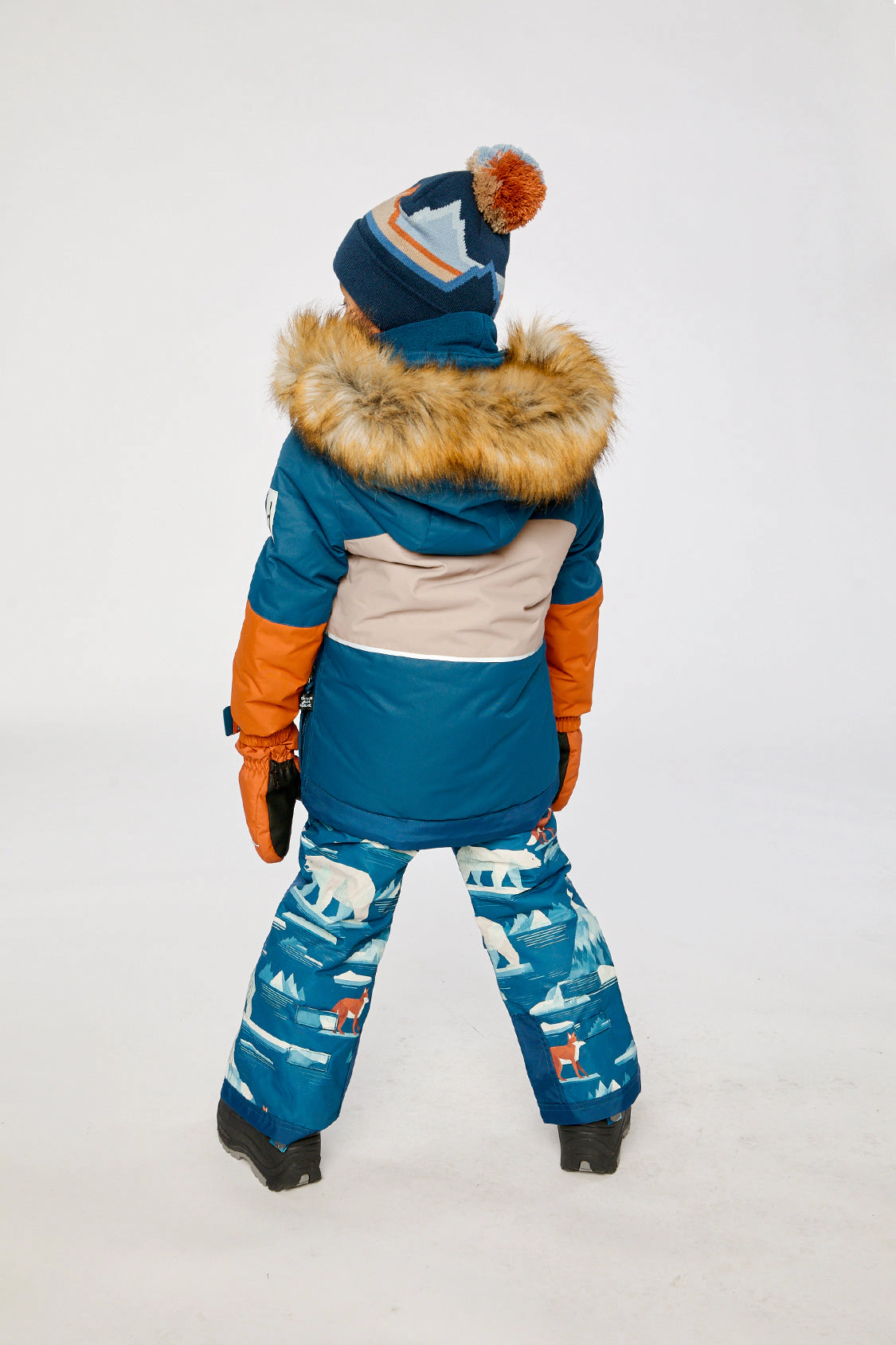 Deux par Boys Colorblock Two Piece Play Snowsuit with Hooded Jacket and Bear Print Snow Pants