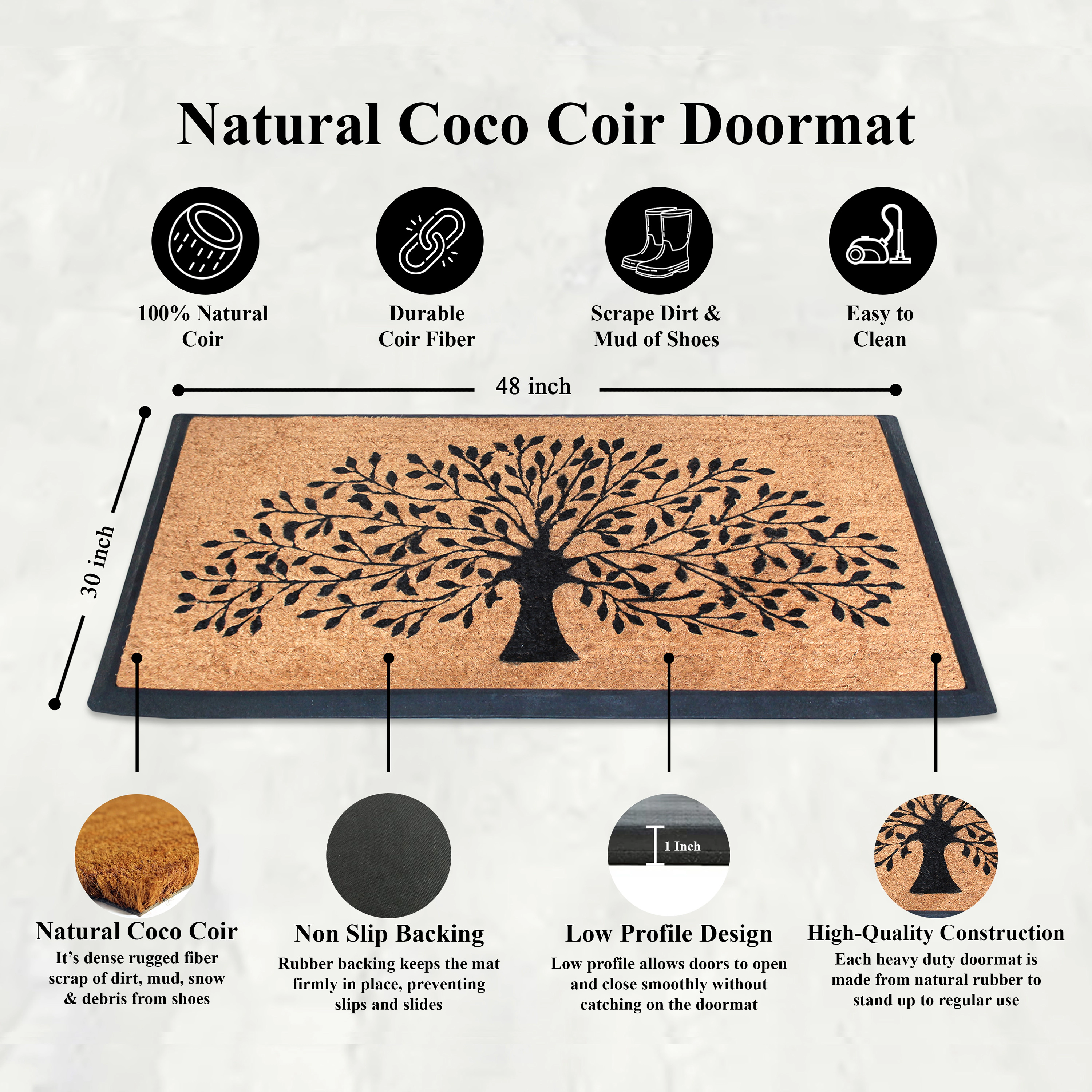 A1HC Coir and Rubber Door Mat 30x48 Inches Anti-Shed Fade-Resistant Heavy Duty Shredding Tree Black