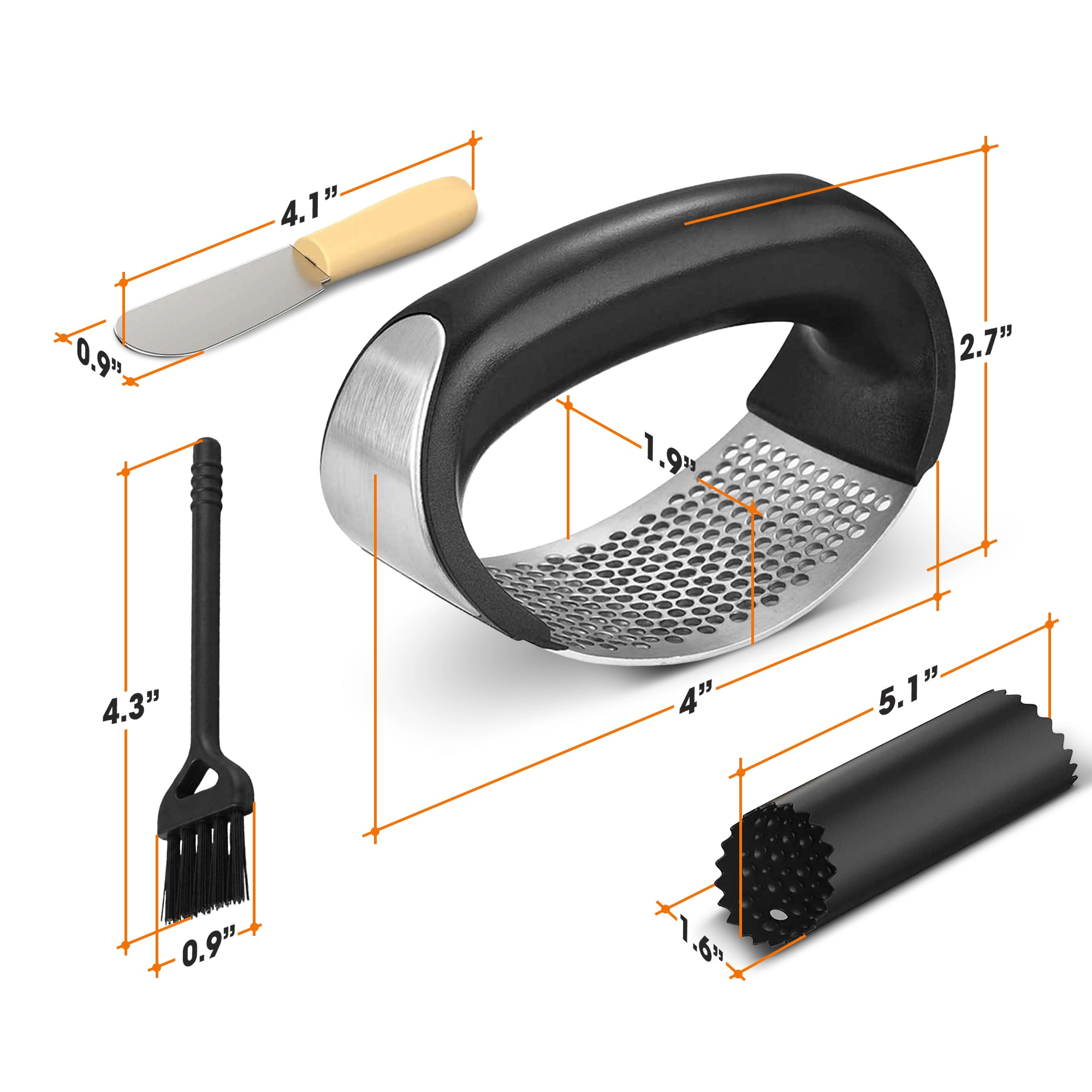 Cheer Collection Garlic Press Rocker Set, Stainless Steel with Peeler and Brush