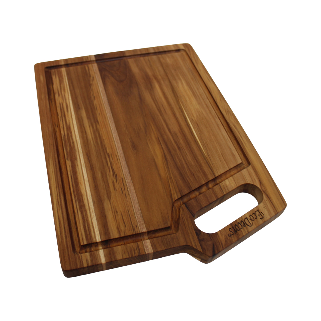 EcoDecors 14" x 10" Teak Edge-Grain Cutting Board with Juice Groove and Handle