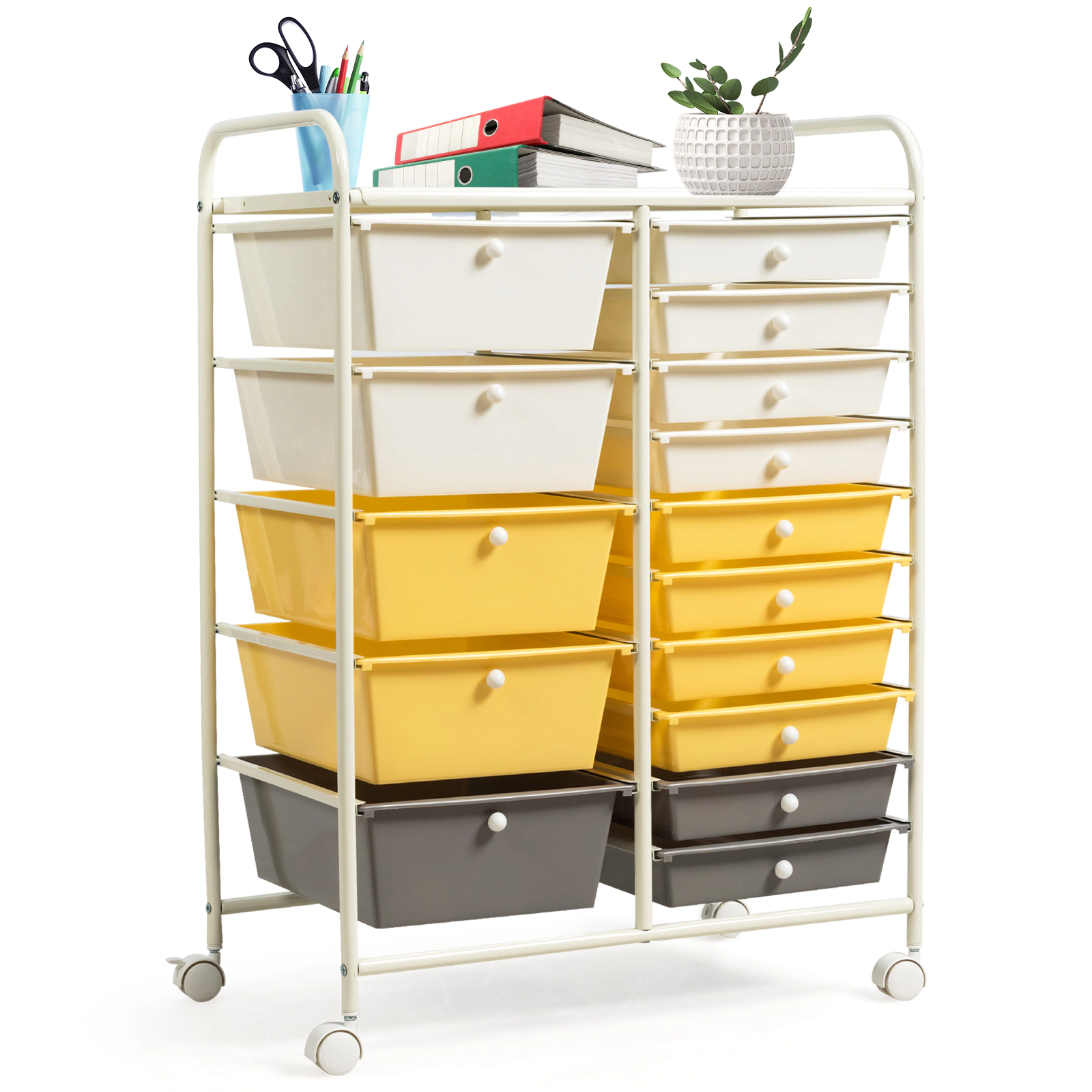 SUGIFT Yellow 15-Drawer Rolling Storage Cart Utility Organizer with Removable Drawers and Metal Frame