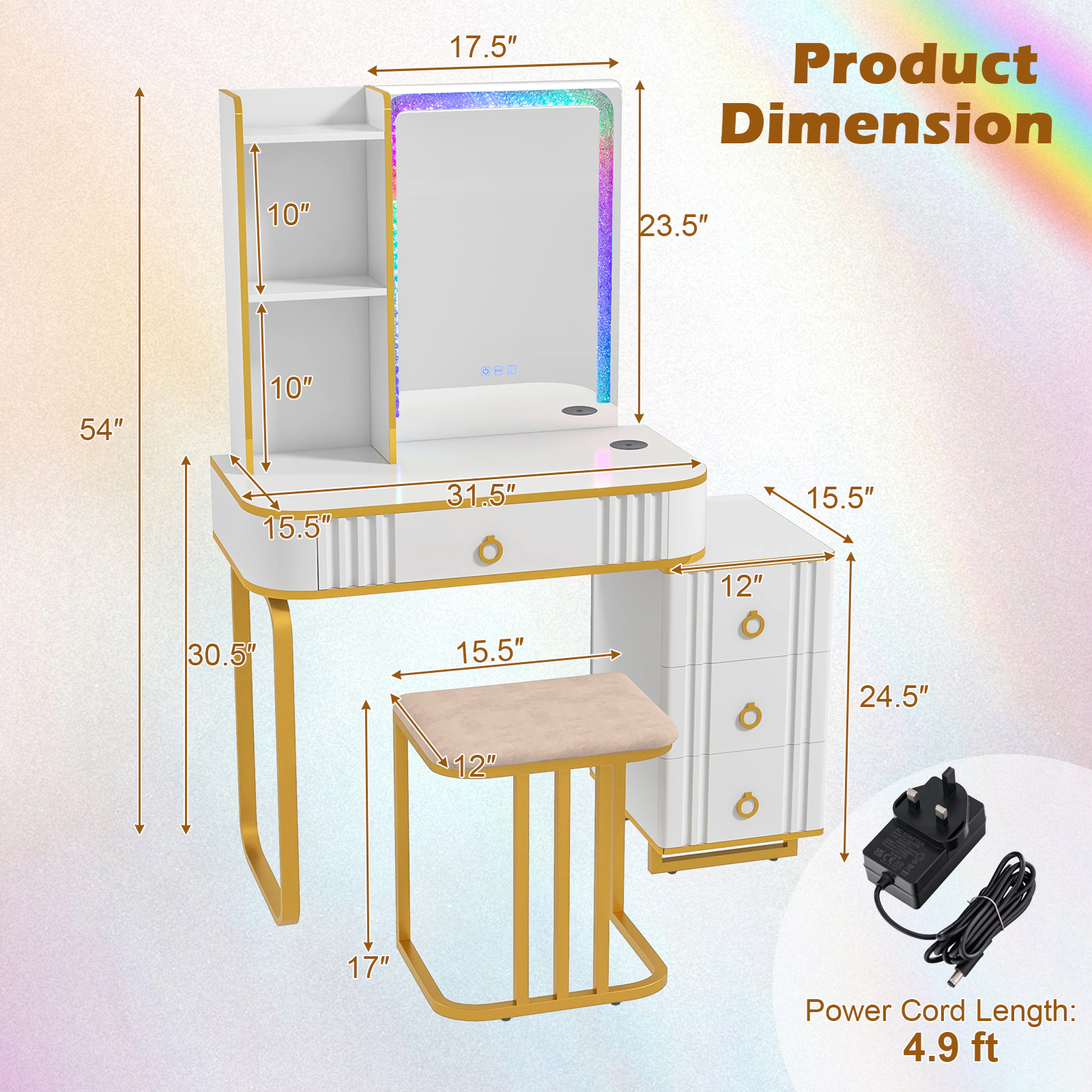 SUGIFT White Vanity Table Set with RGB LED Mirror, Wireless Charging and Stool