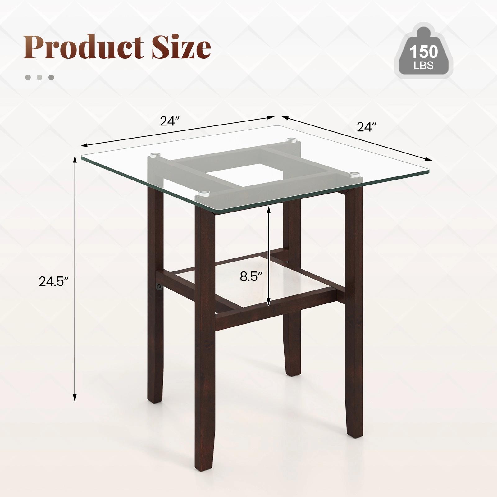 SUGIFT Storage Shelf 150-lb 2-Tier Brown 24 in Square Glass Coffee Table