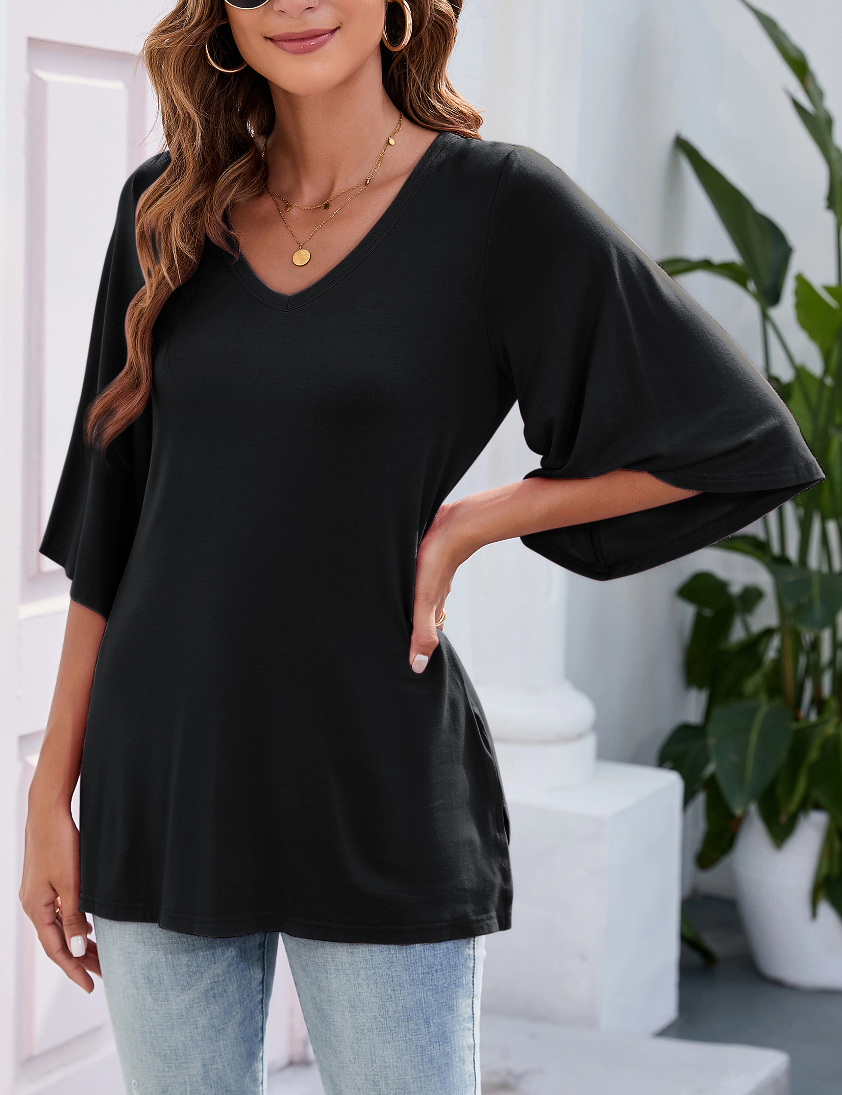 KOJOOIN V Neck Tunic Top for Women, Ruffle 3/4 Sleeve Side Slit Loose Fit Flowy Long Tee Blouse