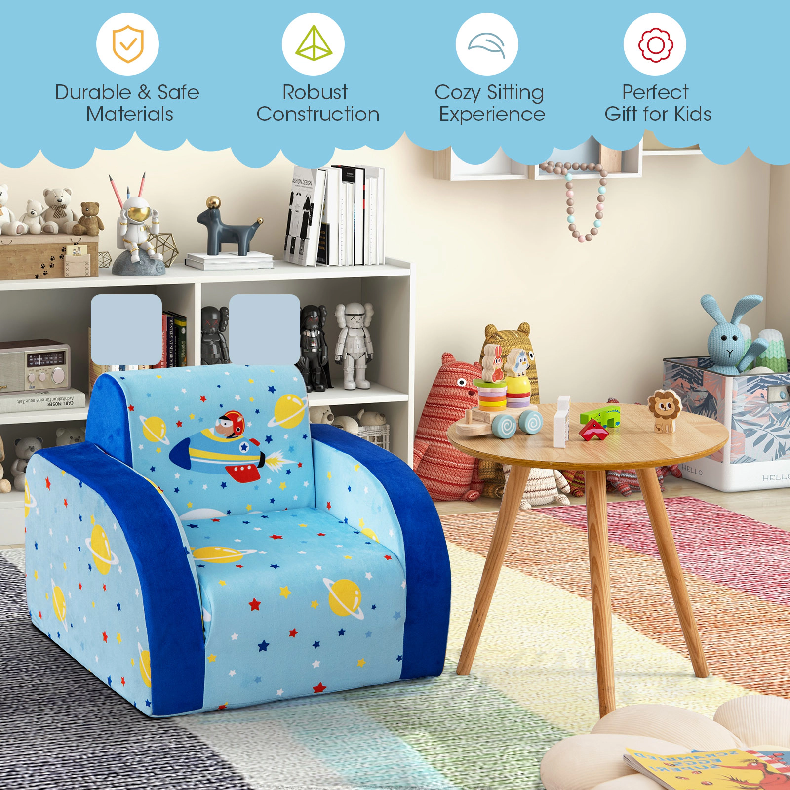 SUGIFT 3-in-1 Convertible Flip Open Kids Sofa Chair and Lounge Bed 66-lb Capacity Ages Under 3 Blue