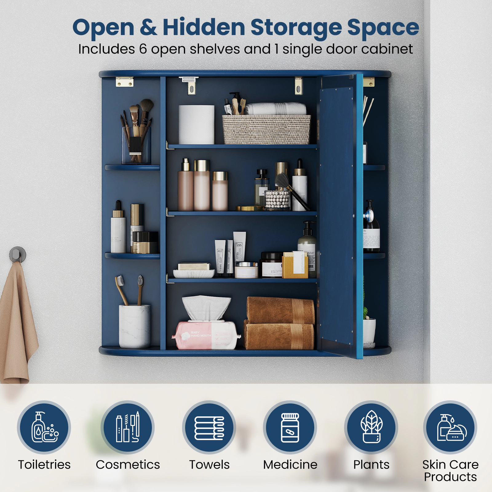 SUGIFT Wall-Mounted Bathroom Mirror Cabinet with Storage Shelves 44-lb Top Capacity Blue