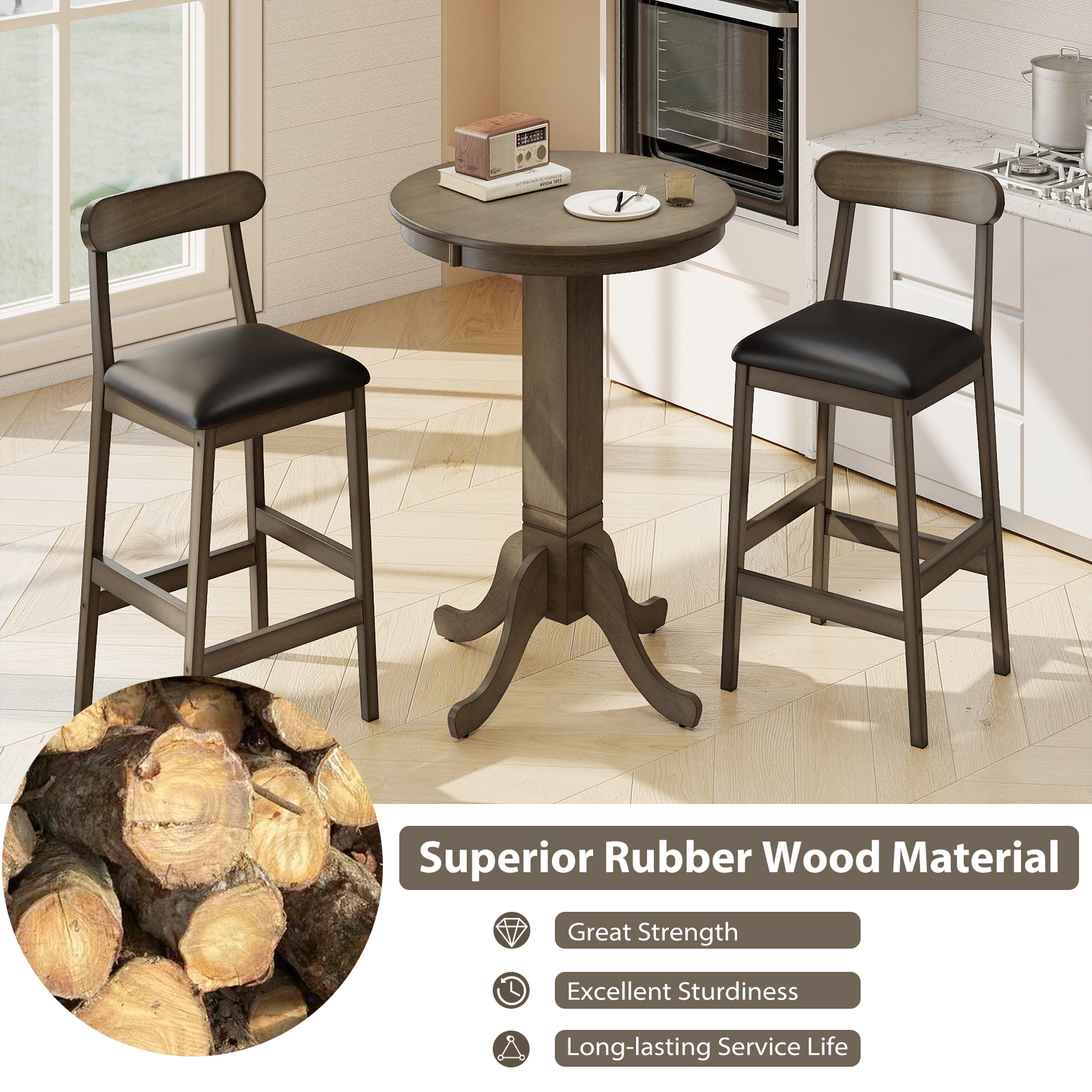 SUGIFT Rubber Wood Pub Round Dining Table with Pedestal Base 180-lb Capacity Espresso/Gray