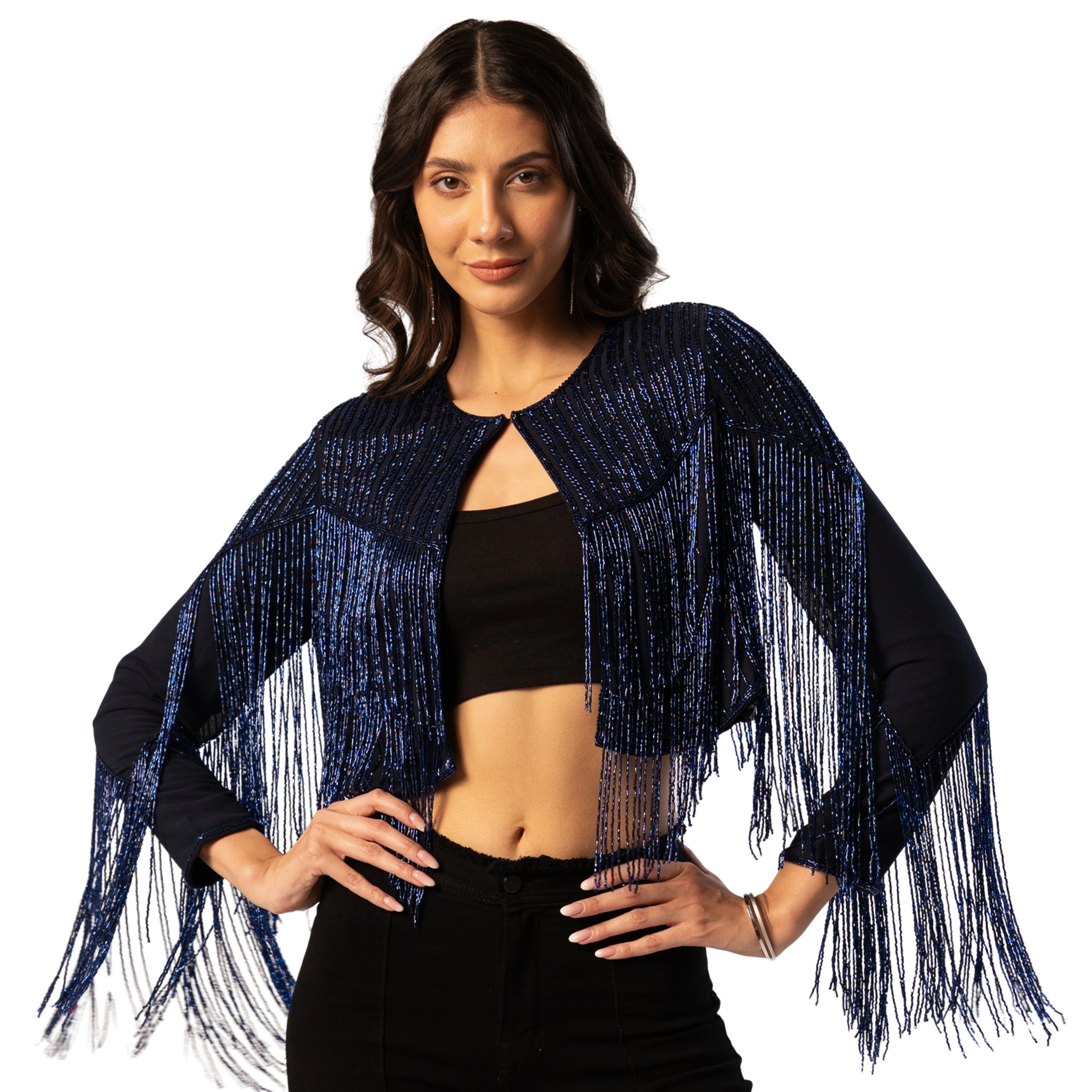 Rose & Nancy Women's Blue Black Scarlett Beaded Fringe Jacket
