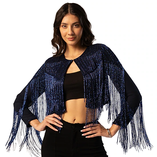 Rose & Nancy Women's Blue Black Scarlett Beaded Fringe Jacket