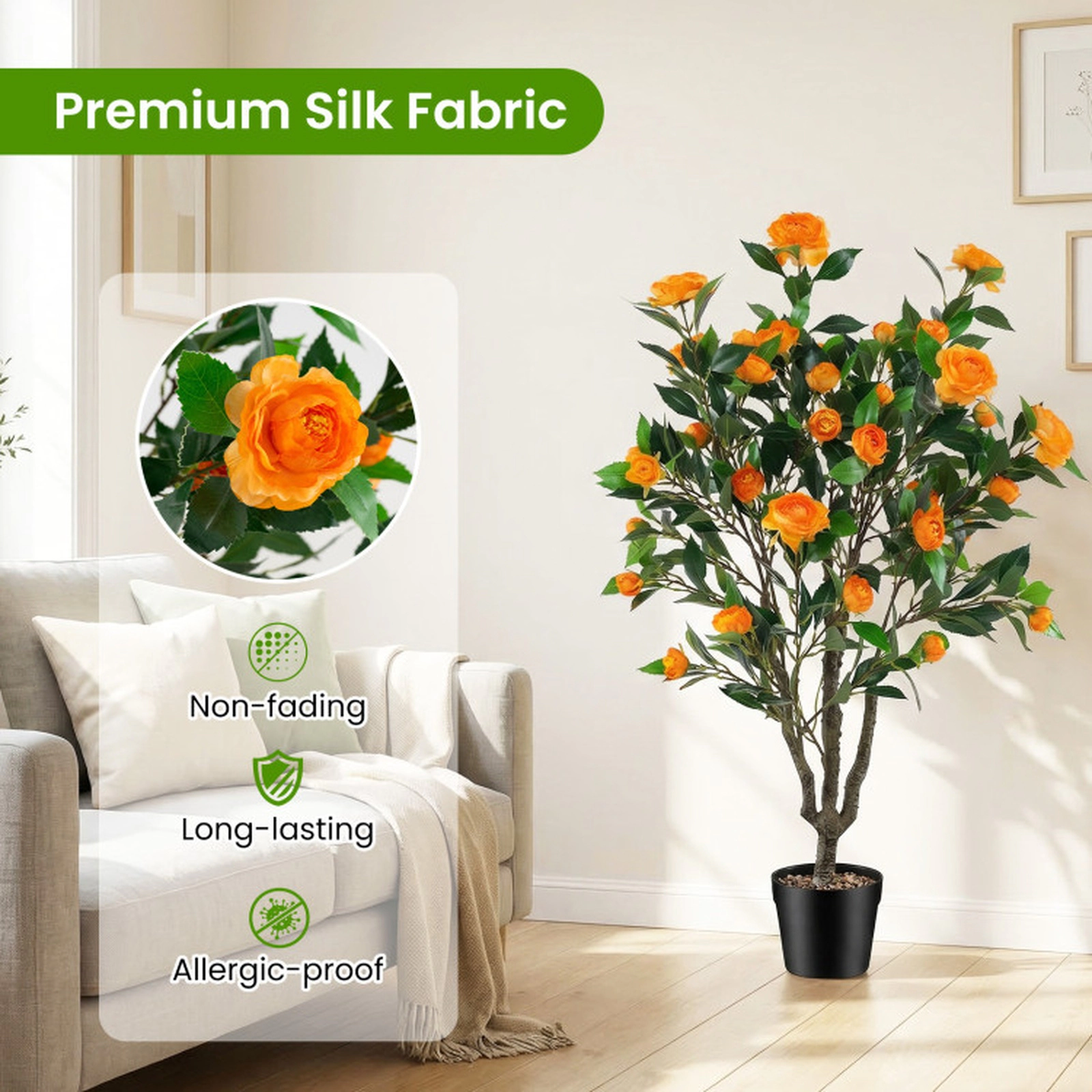 SUGIFT 40-in 37 Blossoms River Stone Topped Cement Pot Artificial Camellia Tree 6-in x 5.5-in Pot 8-lb Orange