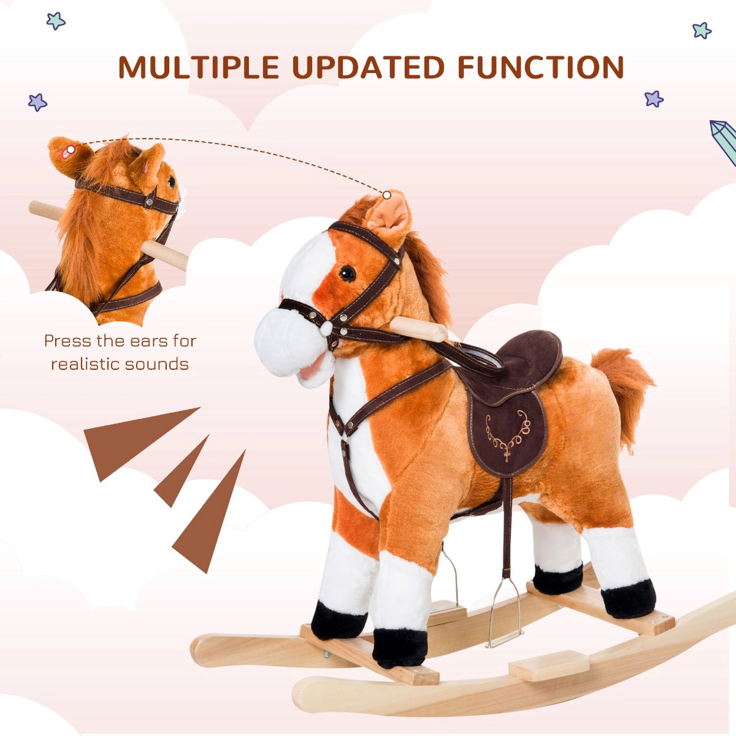HONGGE Plush Rocking Horse with Saddle and Footrest, Realistic Galloping Sound, Supports 88 lbs for Kids Ages 3+, Brown