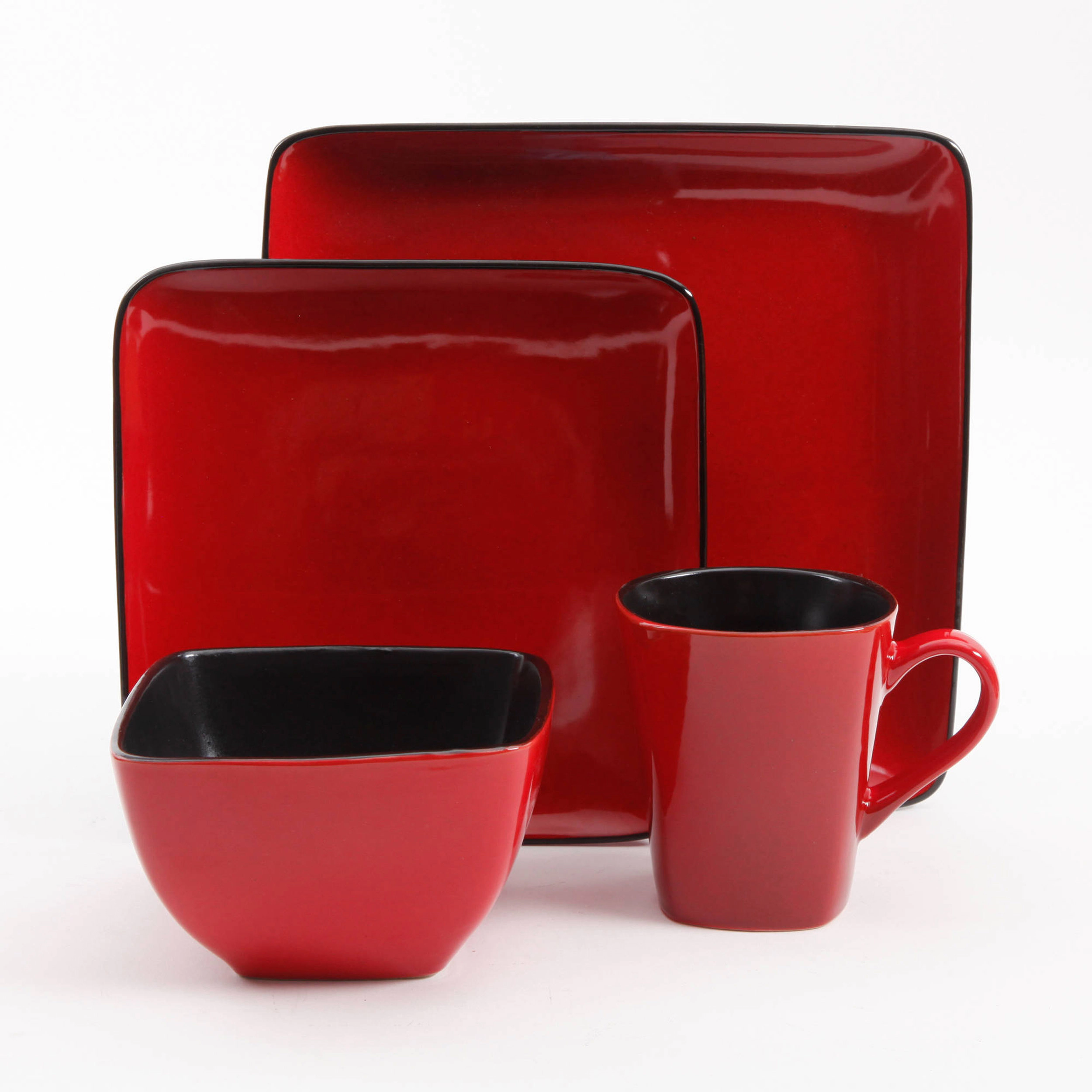 Gibson Home Rave Red 16 Piece Square Stoneware Dinnerware Set in Red and Black