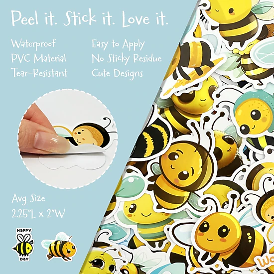 Wrapables Waterproof Vinyl Stickers for Water Bottles, Laptop, Phones, Decals for Teens, 110pcs, Bumblebees