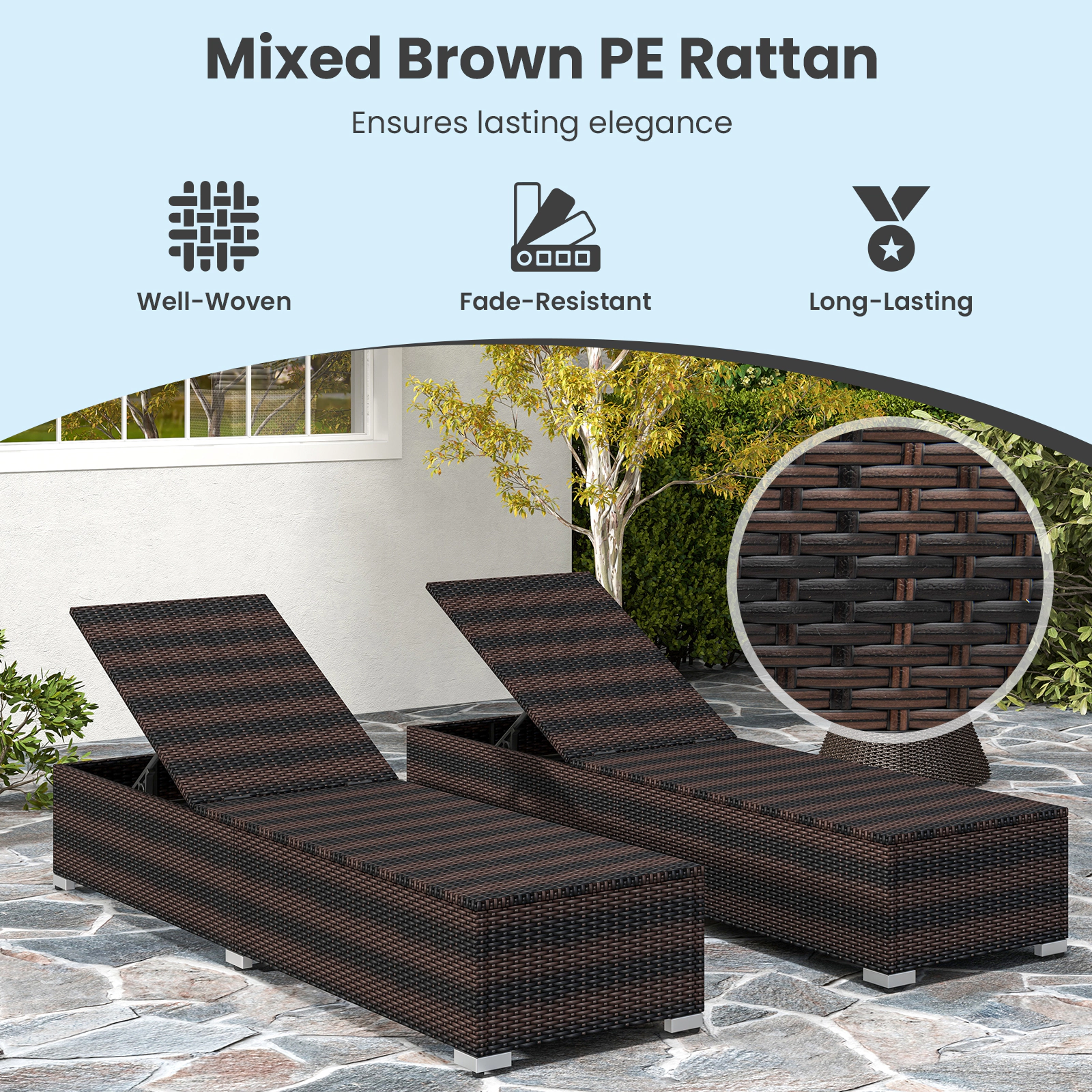 Hivvago Patio Wicker Lounge Chair With 4-Level Backrest And Long Seat Cushion-Brown