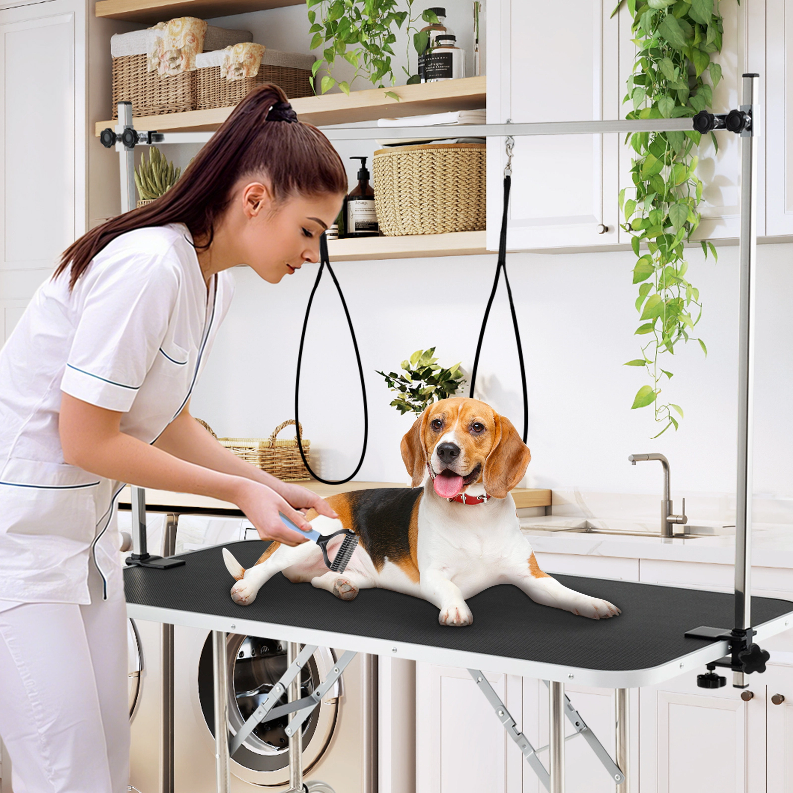 SUGIFT Black Foldable Dog Grooming Table with Adjustable Arms 47-in W 24-in D 30-in H 330-lb Tabletop Capacity