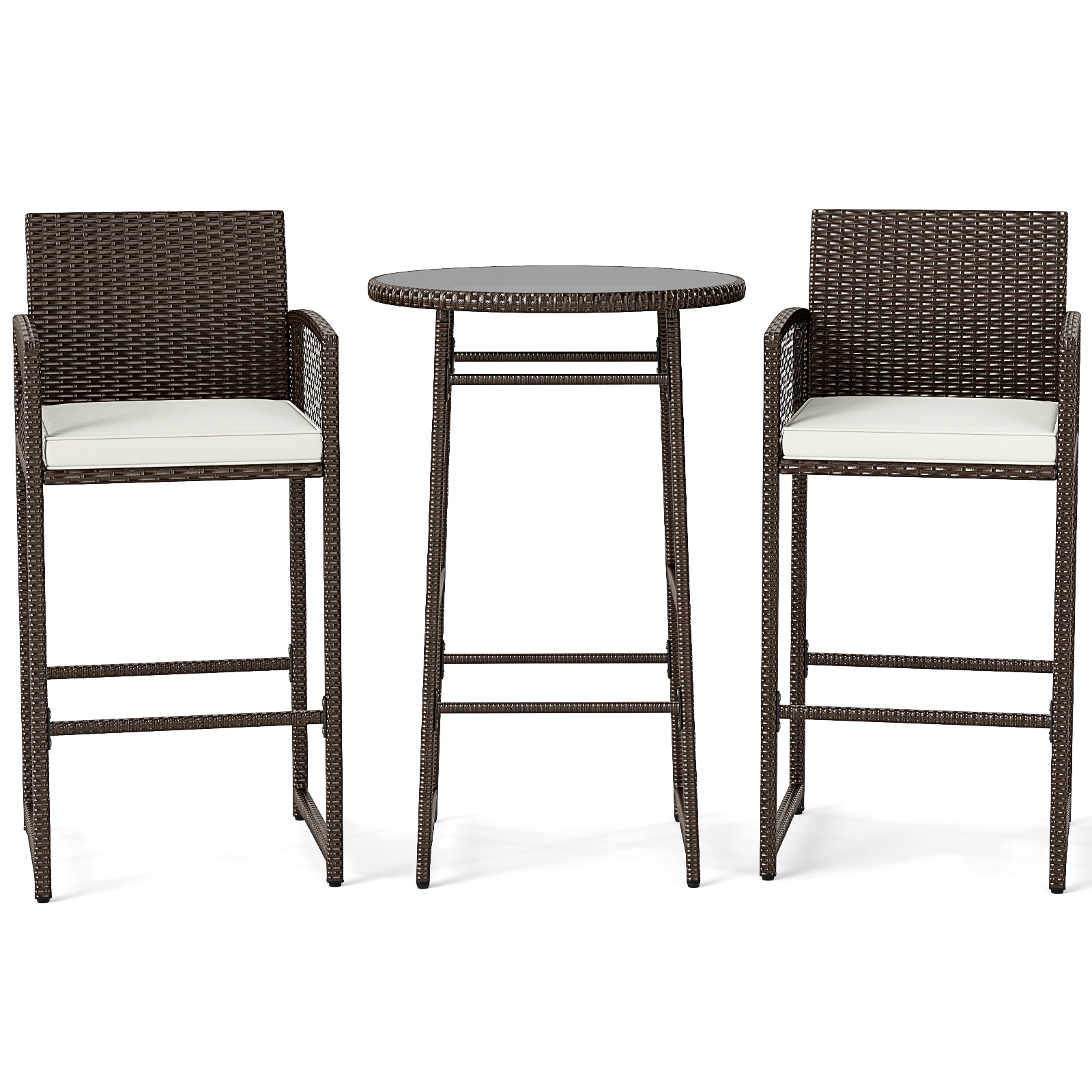SUGIFT Patio Bar Set with Bar-Height Table and Armchairs 400-lb Chair Capacity Mix Brown Rattan Off White Cushions