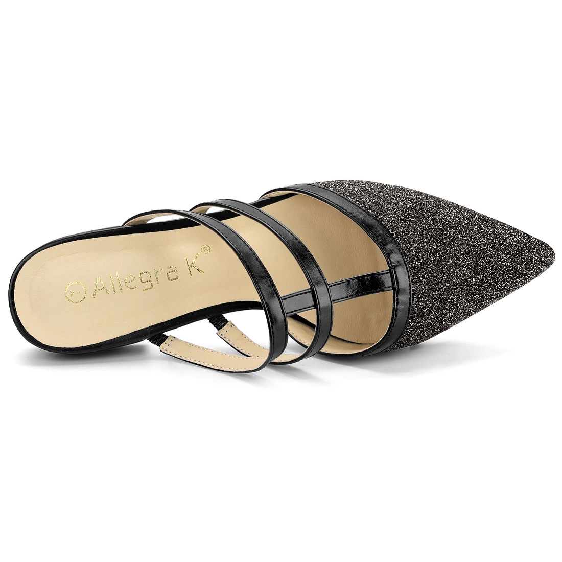 BLISSFUL STEP Women's Glitter Pointed Toe Flat Slip On T Strap Mules Sandals