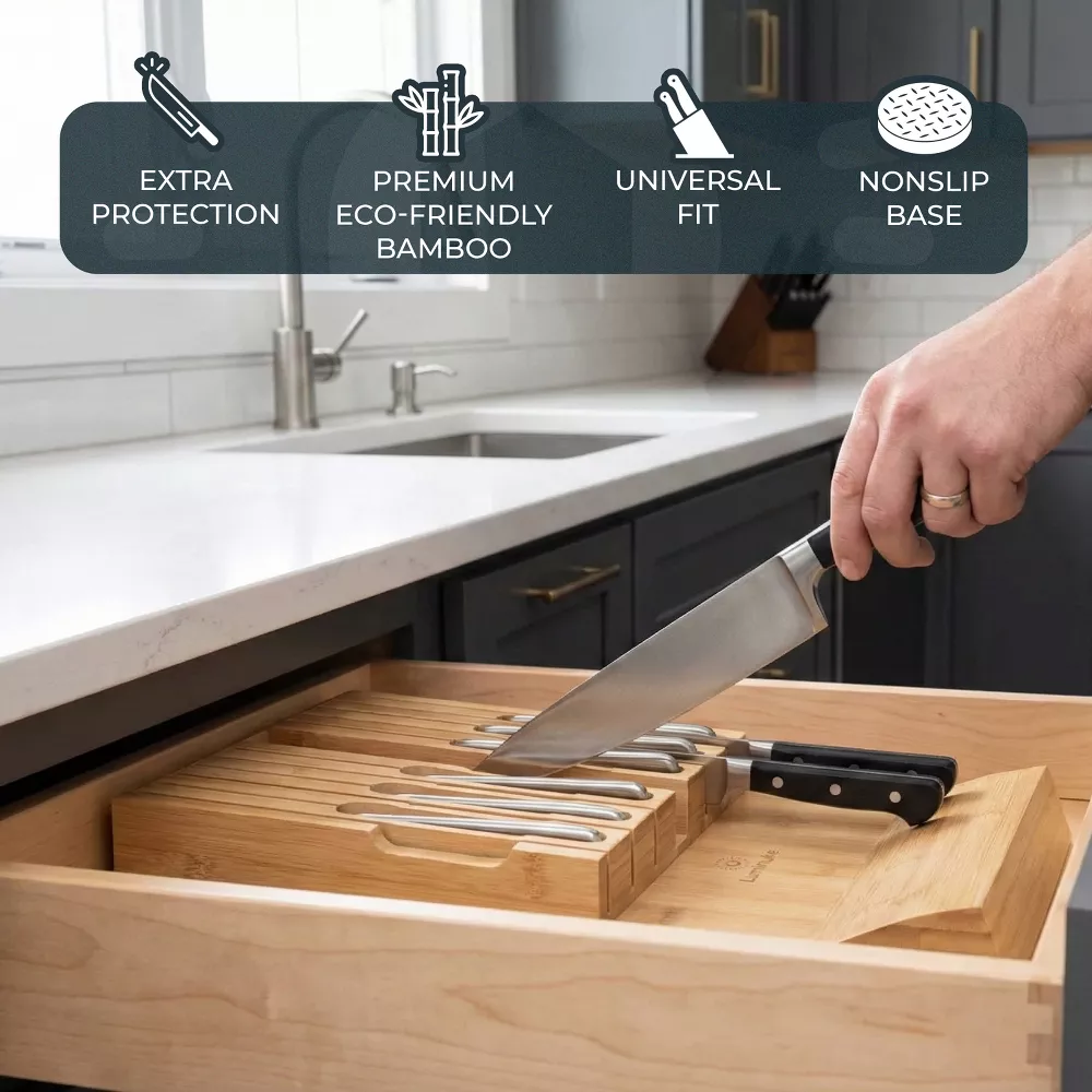 Luminuxe Bamboo Knife Block Drawer Organizer, Durable Nonslip In‑Drawer Wooden Knife Storage Holds up to 12 Knives