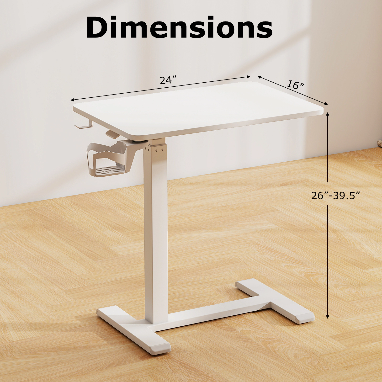 SUGIFT Height Adjustable Mobile Standing Desk Overbed Bedside Table 90-lb Capacity with Cup Holder White
