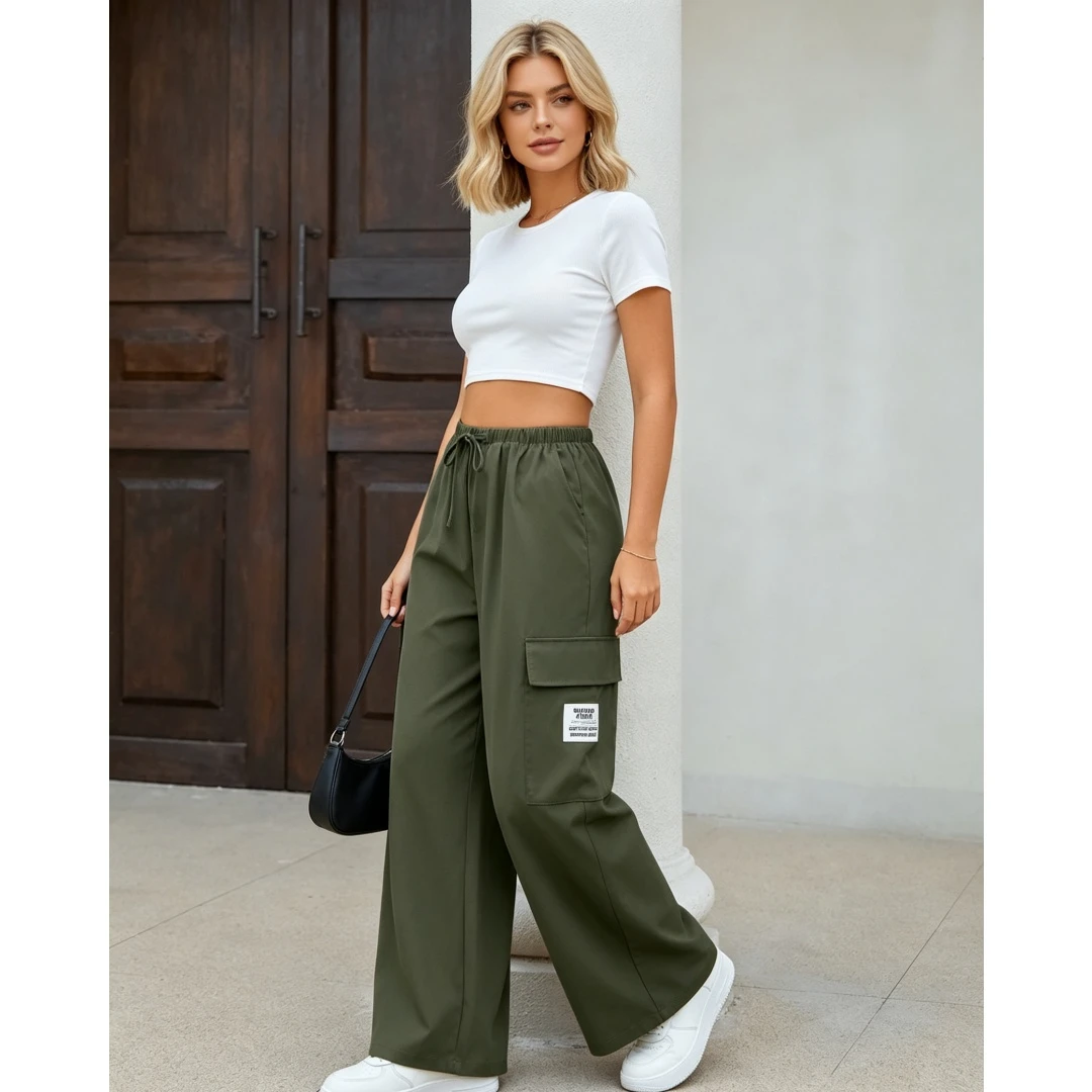 Coolmee Women’s High Waist Cargo Pants Casual Loose Straight Leg Trousers Elastic Pocket