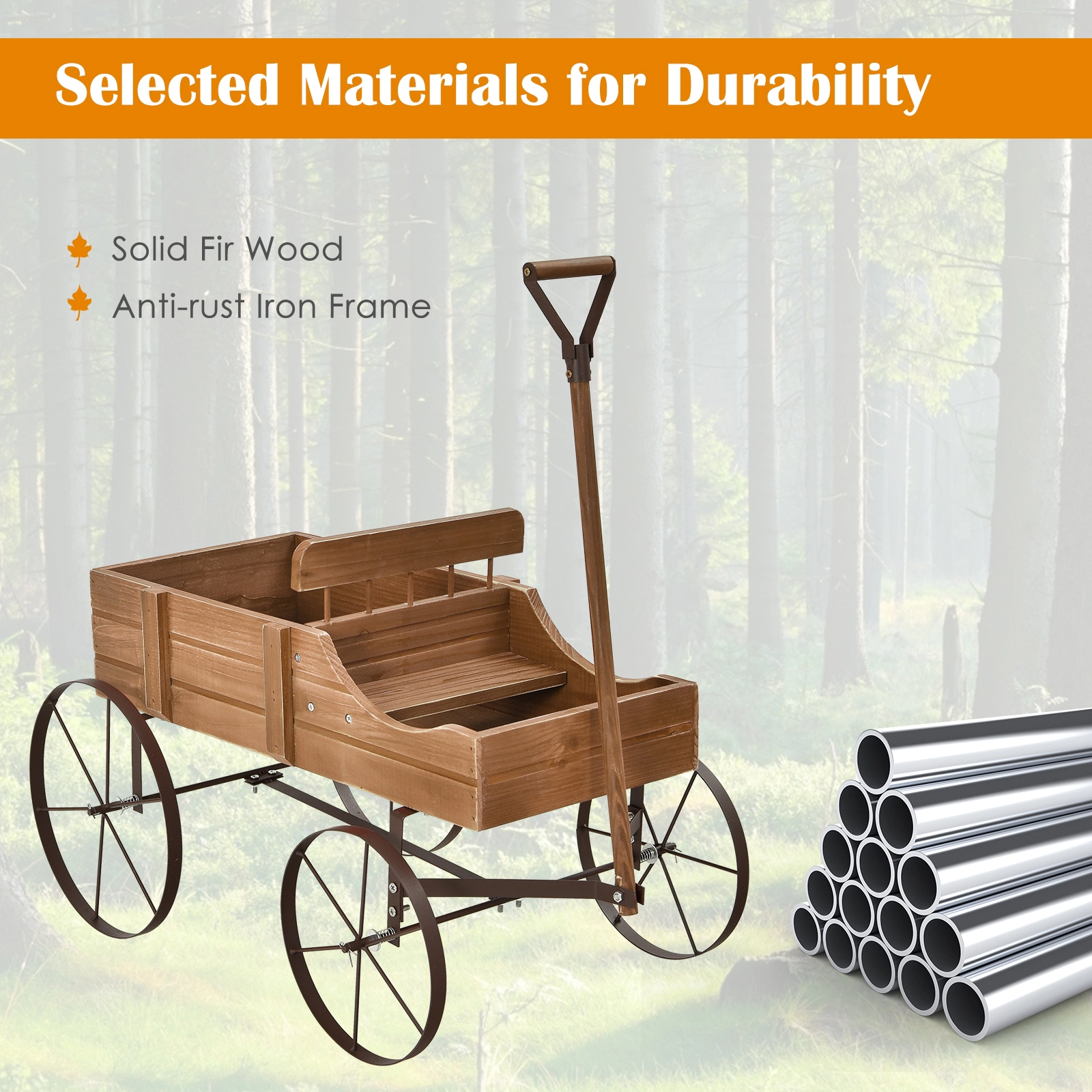 SUGIFT 24.5-in 33-lb Capacity Fir Wood Wagon Garden Planter with 4 Metal Wheels and Pull Handle