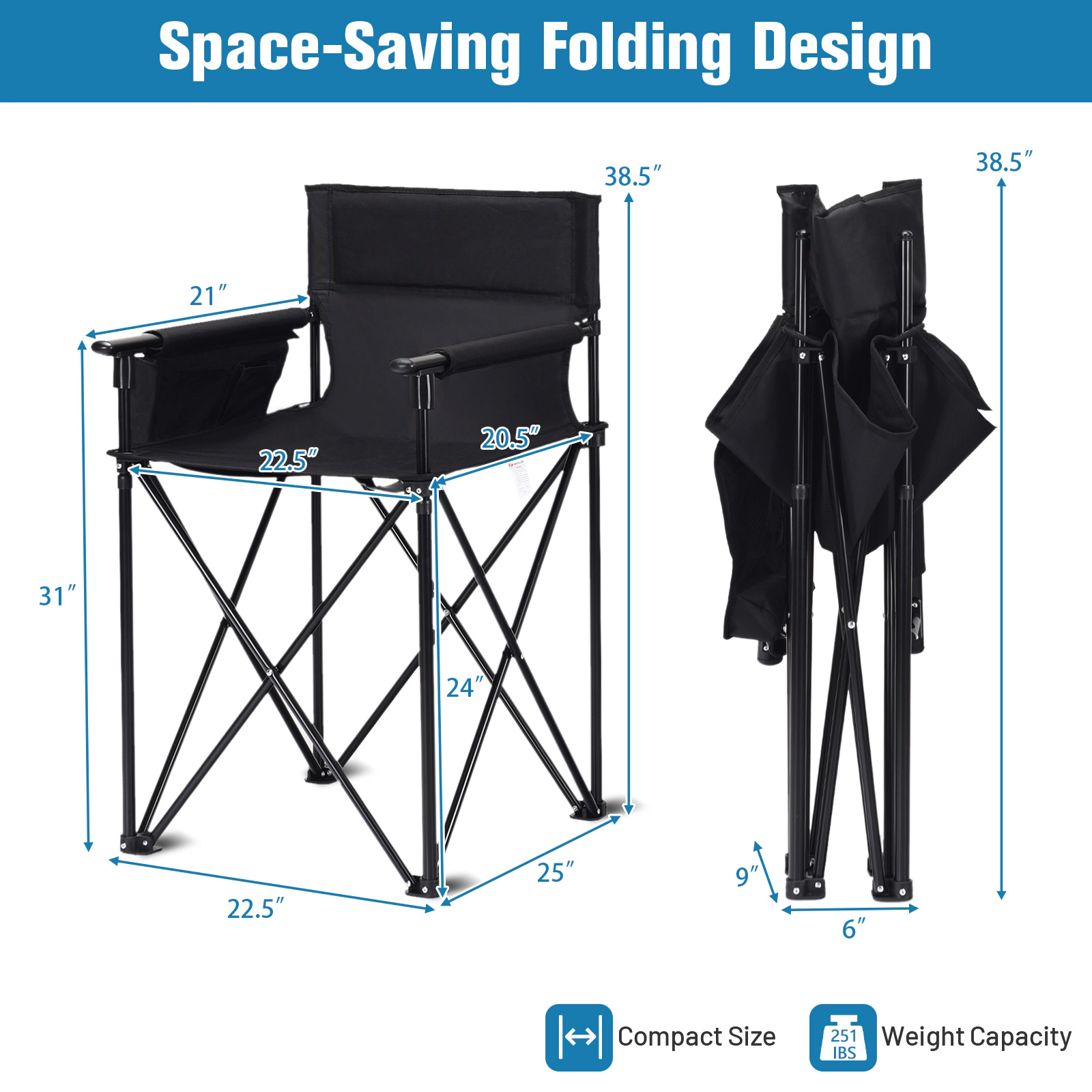 LJG Portable 38 Inch Oversized High Camping Fishing Folding Chair
