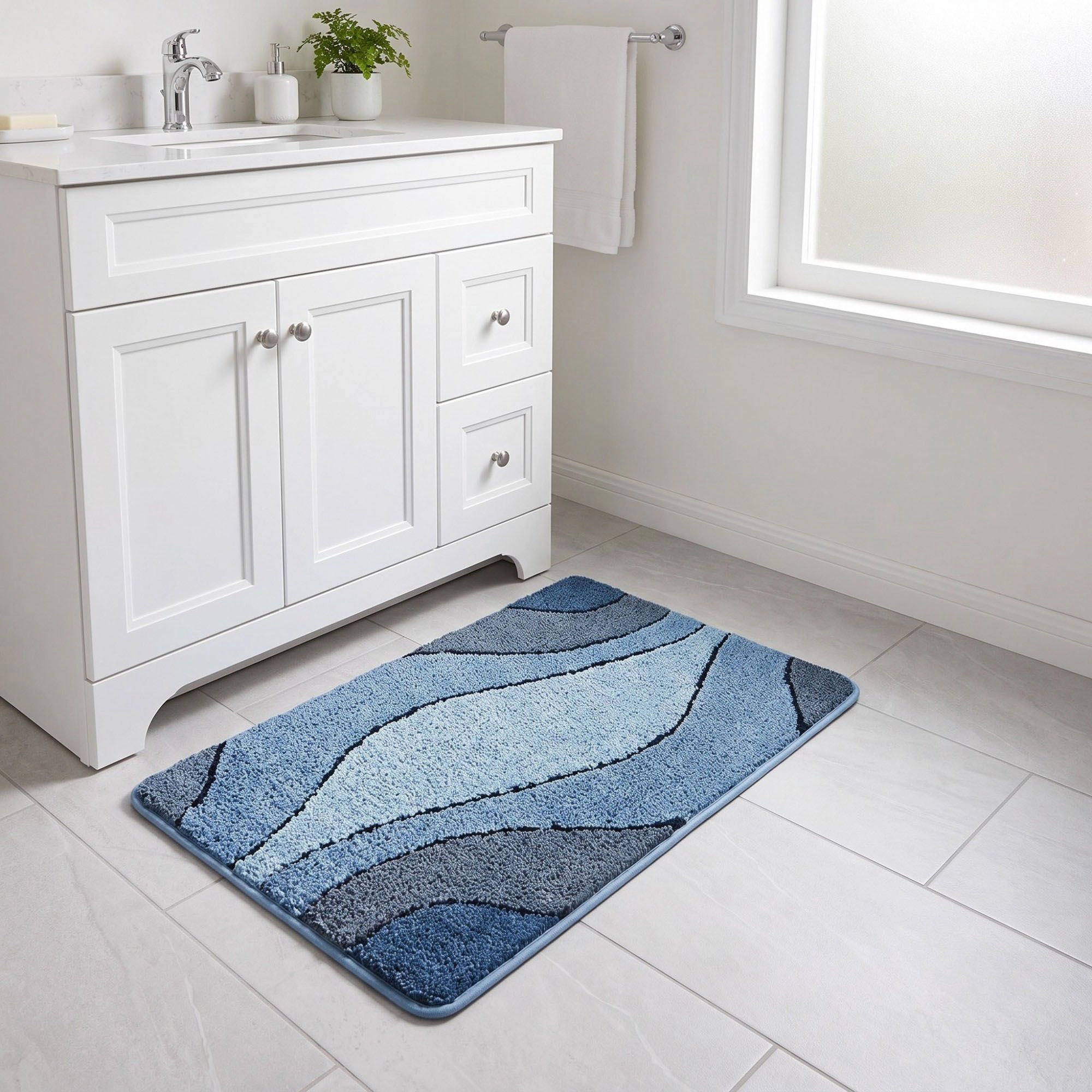 Alilang Unisex Abstract Blue Wave Plush Bathroom Mat with Layered Curved Line Design