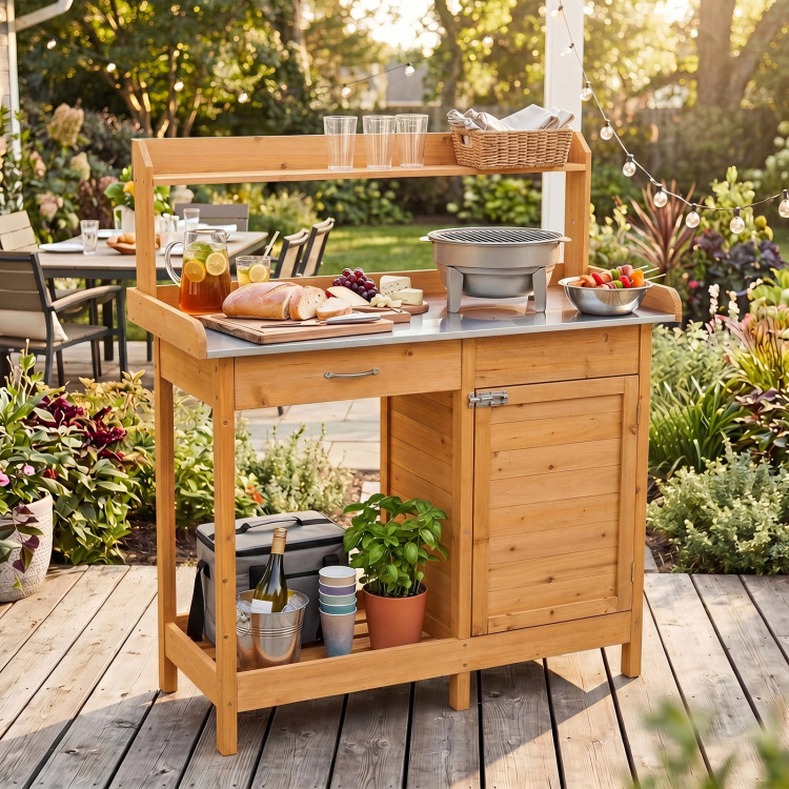 SUGIFT Natural Fir Wood Potting Bench Table with Metal Top Drawer and 3 Side Hooks 44-in W 18-in D 49.5-in H