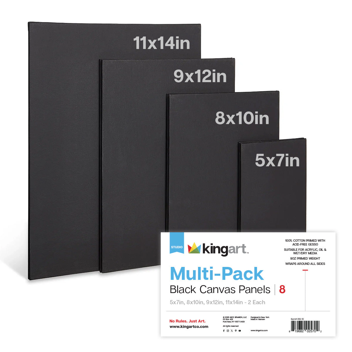 KINGART Black Canvas Panel Boards - Multi-Size 8-Pack (5x7, 8x10, 9x12, 11x14)