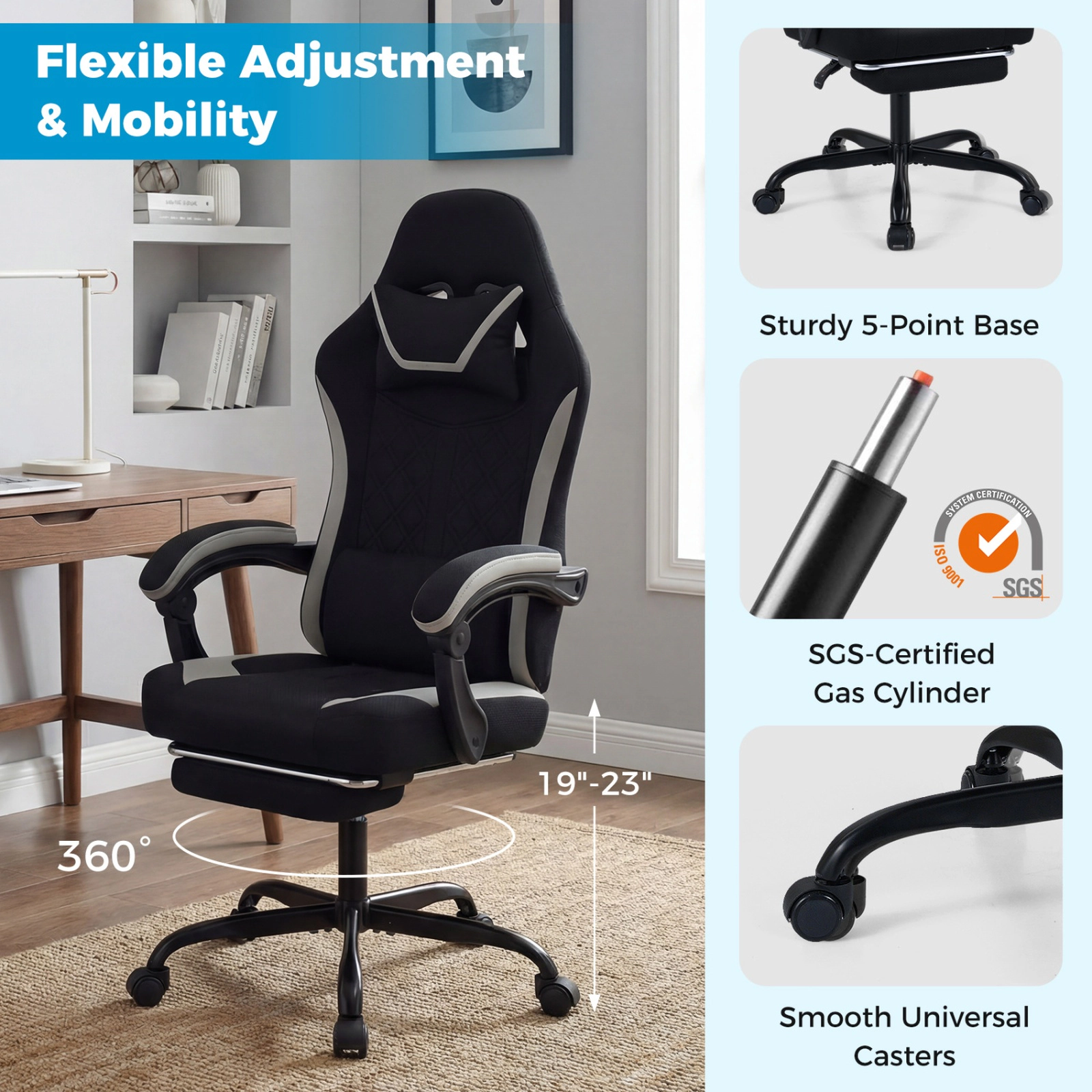 SUGIFT Gaming Chair Black Height Adjustable with Headrest Retractable Footrest and Swivel Seat