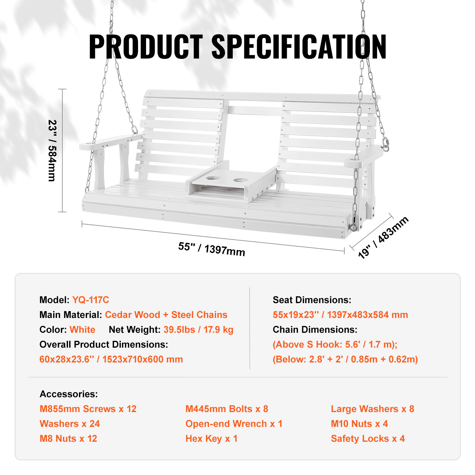 HONGGE 5 ft Cedar Wood Porch Swing with Foldable Cup Holder & Hanging Chains, Patio Bench Seat, 880 lb Capacity, White