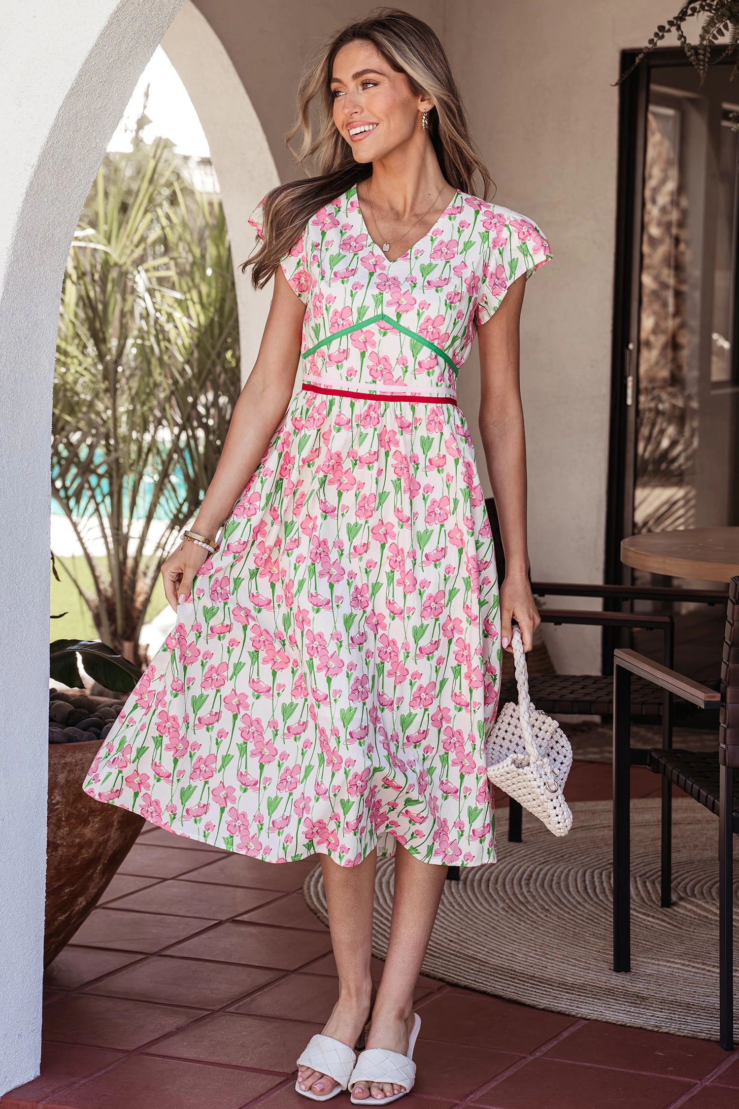 Threaded Pear Womens Callie Sleeve Elegant Midi Dress - Pink Floral